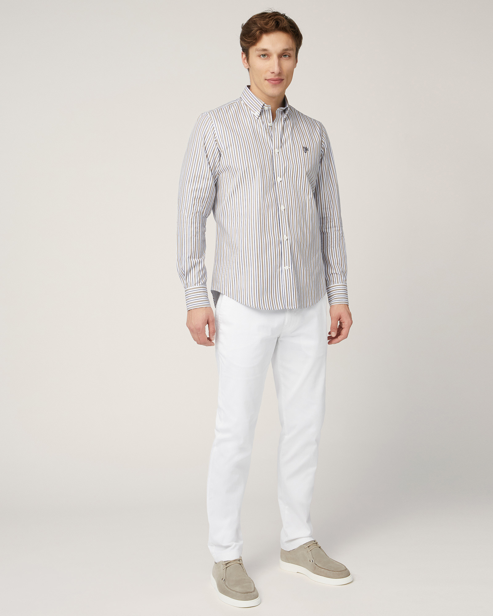 Camicia Multirighe In Cotone, Marrone Chiaro, large image number 3