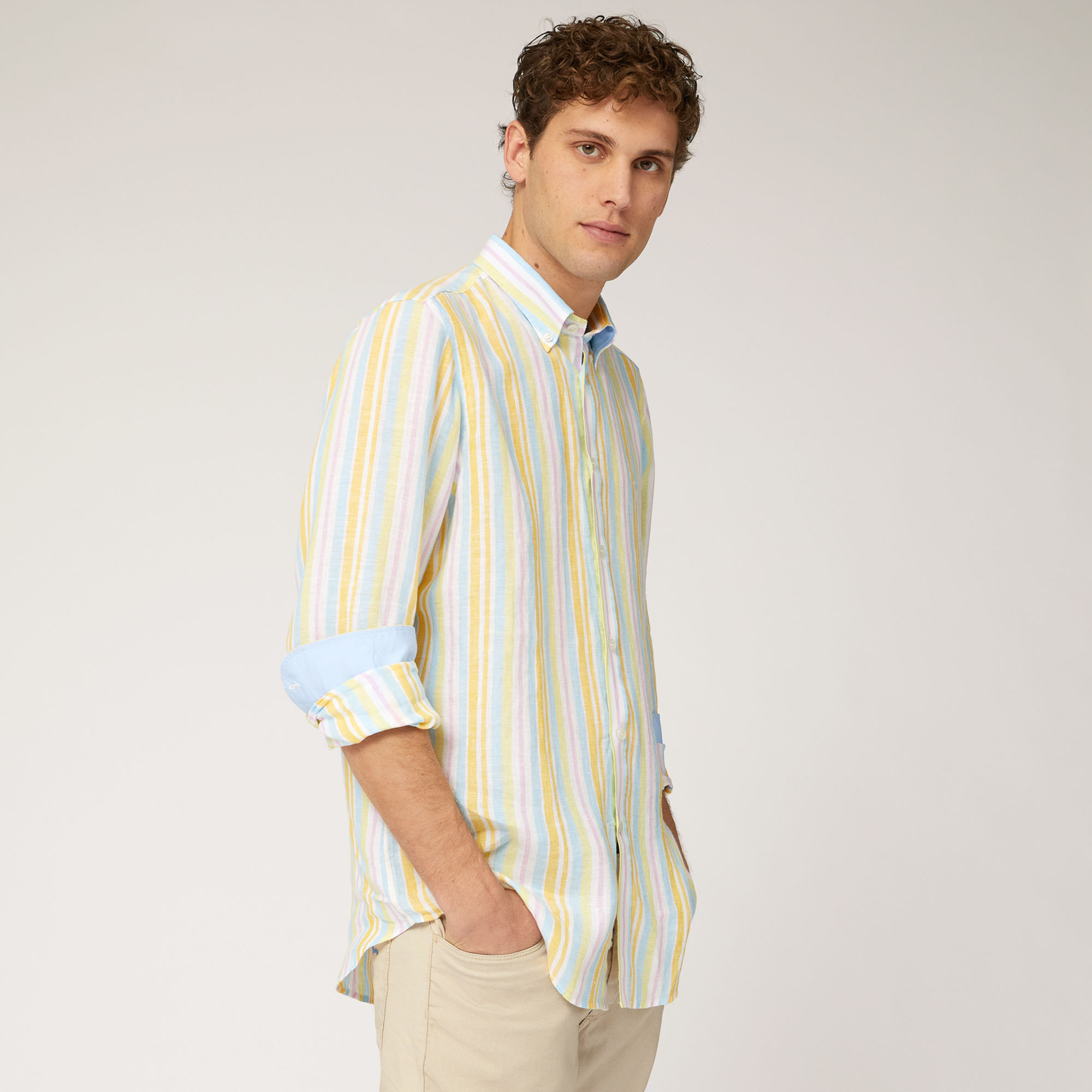 Striped Linen Shirt, White, large image number 0