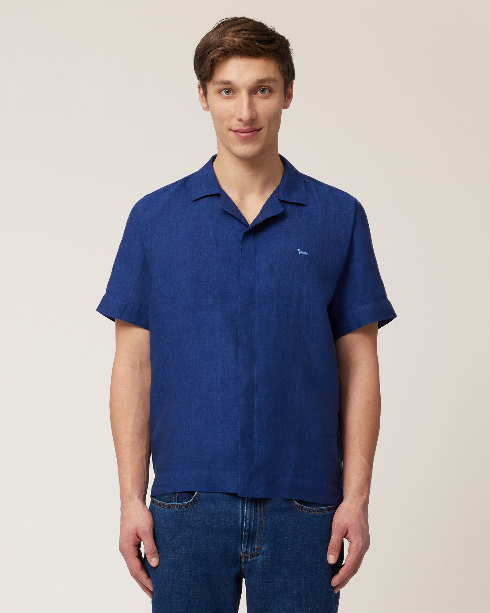 Camicia Bowling In Lino, Blu Notte, large