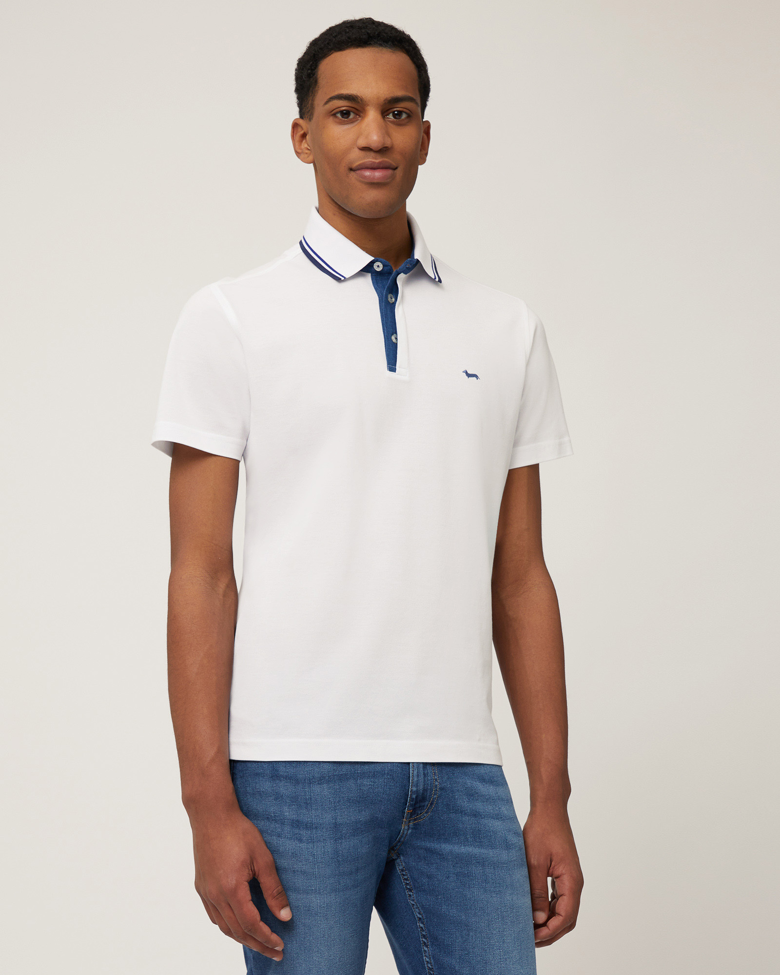 Polo with Denim Details, White, large