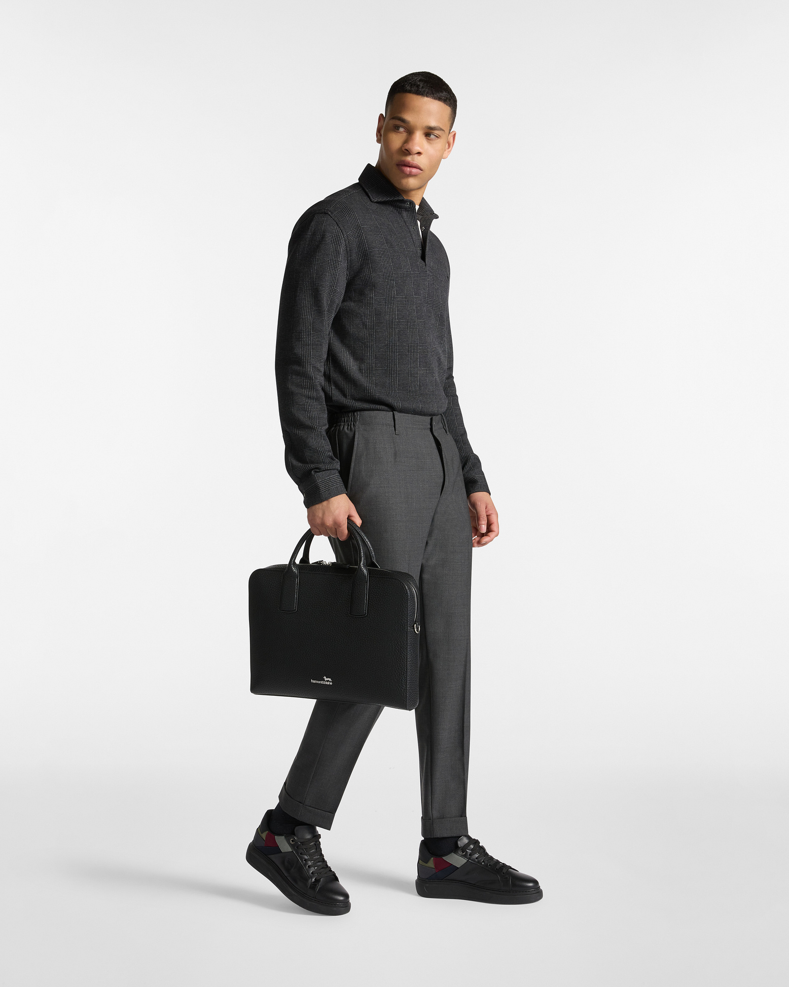 Long Sleeve Cotton Polo with Check Pattern, Gray, large image number 3