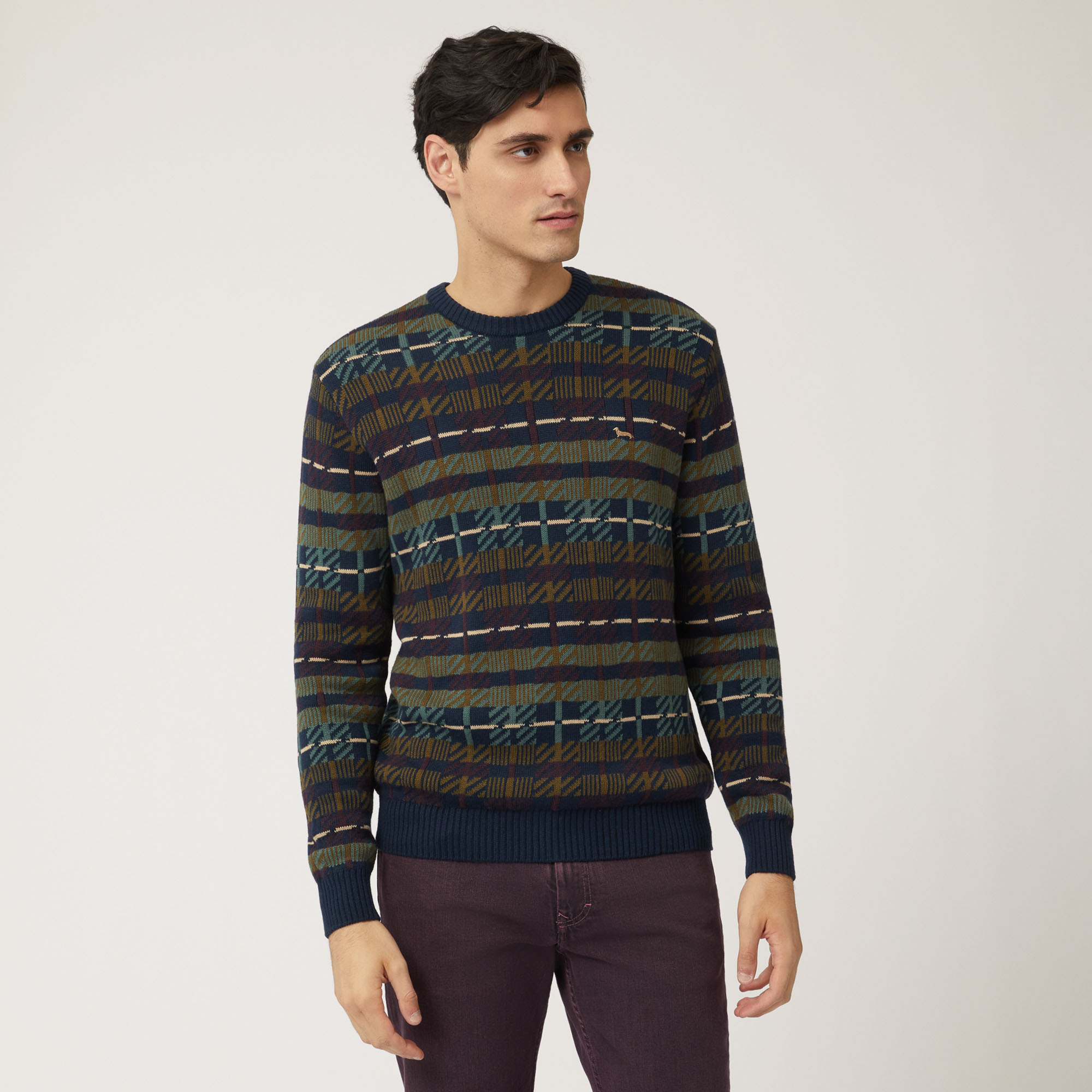 Pullover Girocollo In Lana E Cotone Con Fantasia All-Over, Blu Navy, large image number 0
