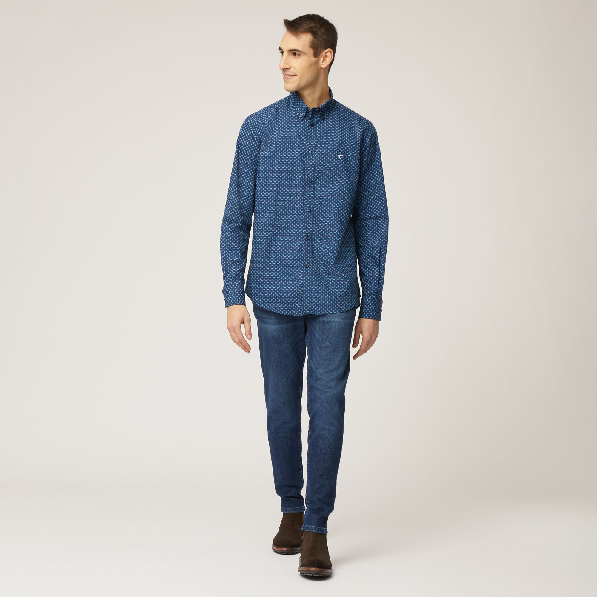 Camicia In Cotone Con Micro-Motivo  All-Over, Blu, large image number 3