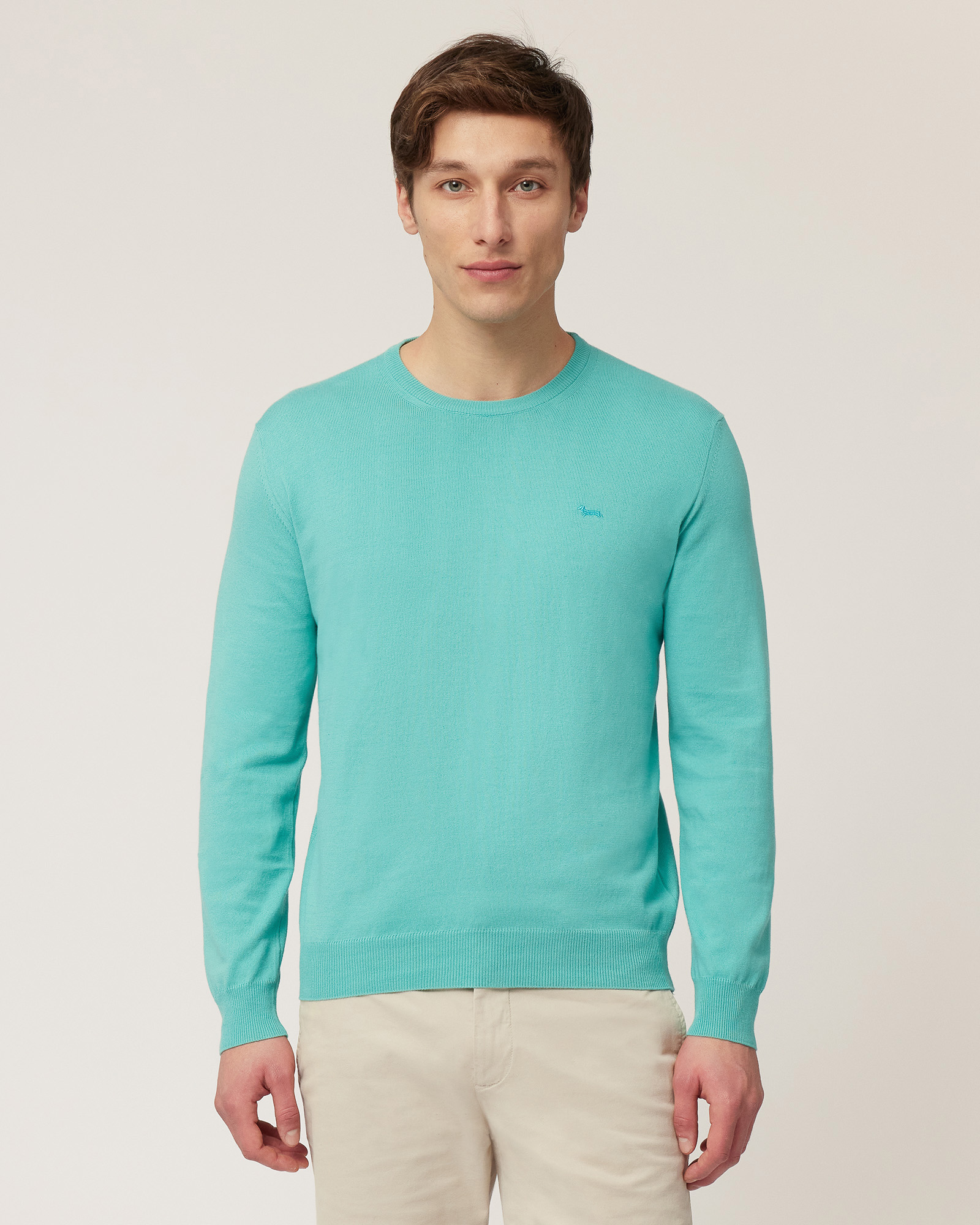 Cotton Crew Neck Pullover, Turquoise, large