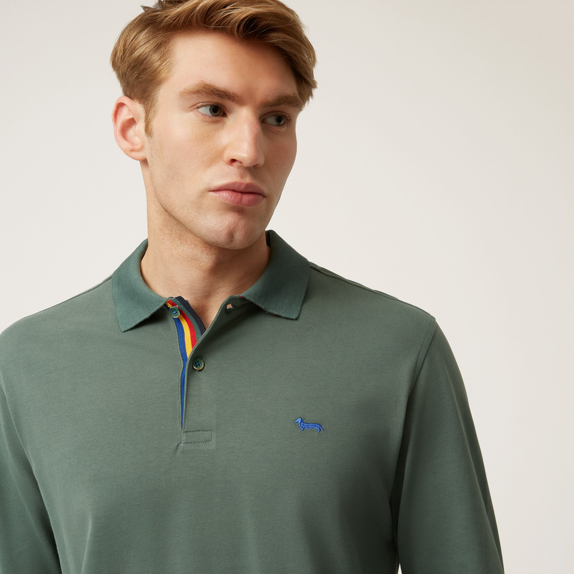 Long-Sleeved Cotton Polo Shirt With Contrasting Detail, Green, large image number 2