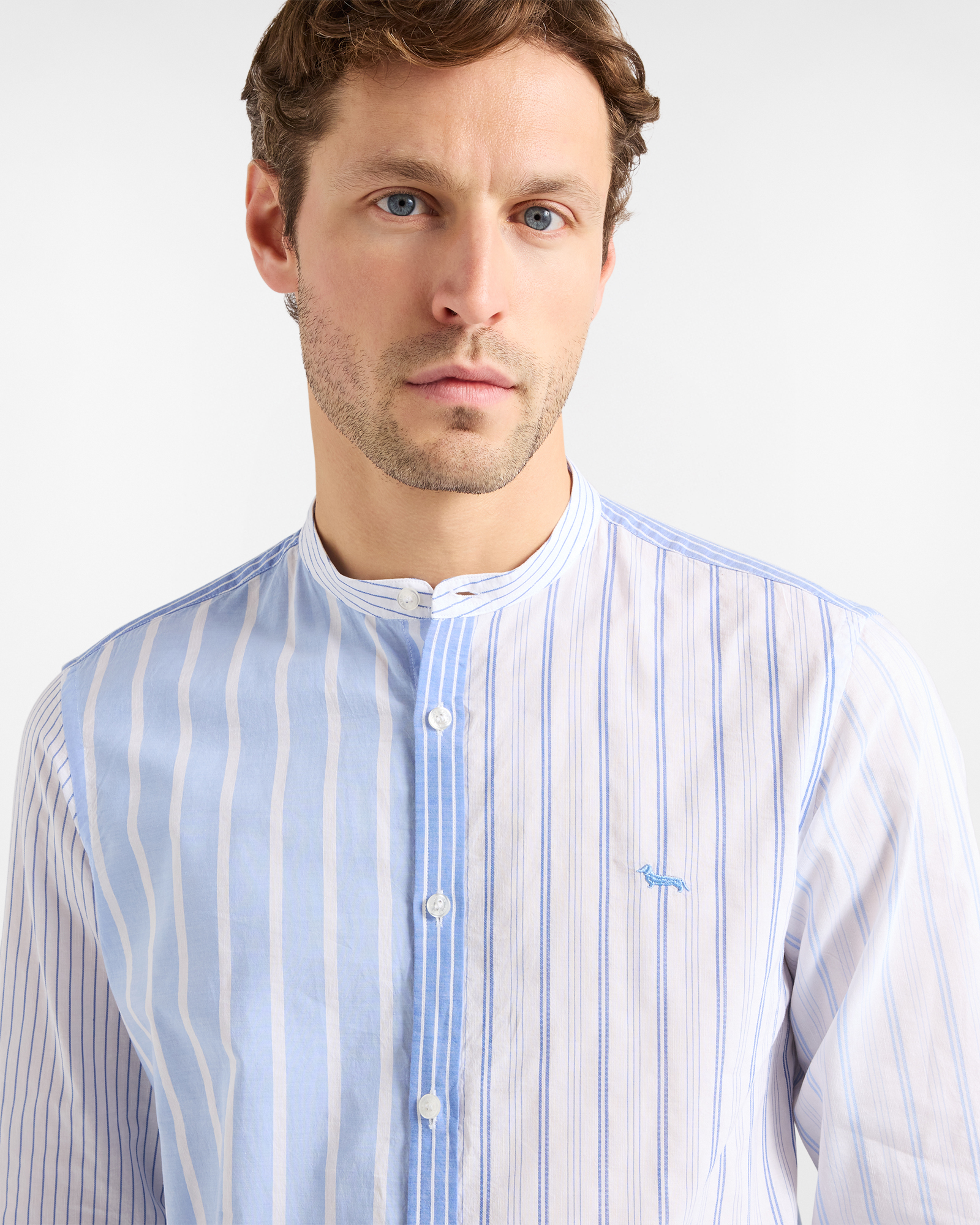 Men's striped patchwork shirt with mandarin collar