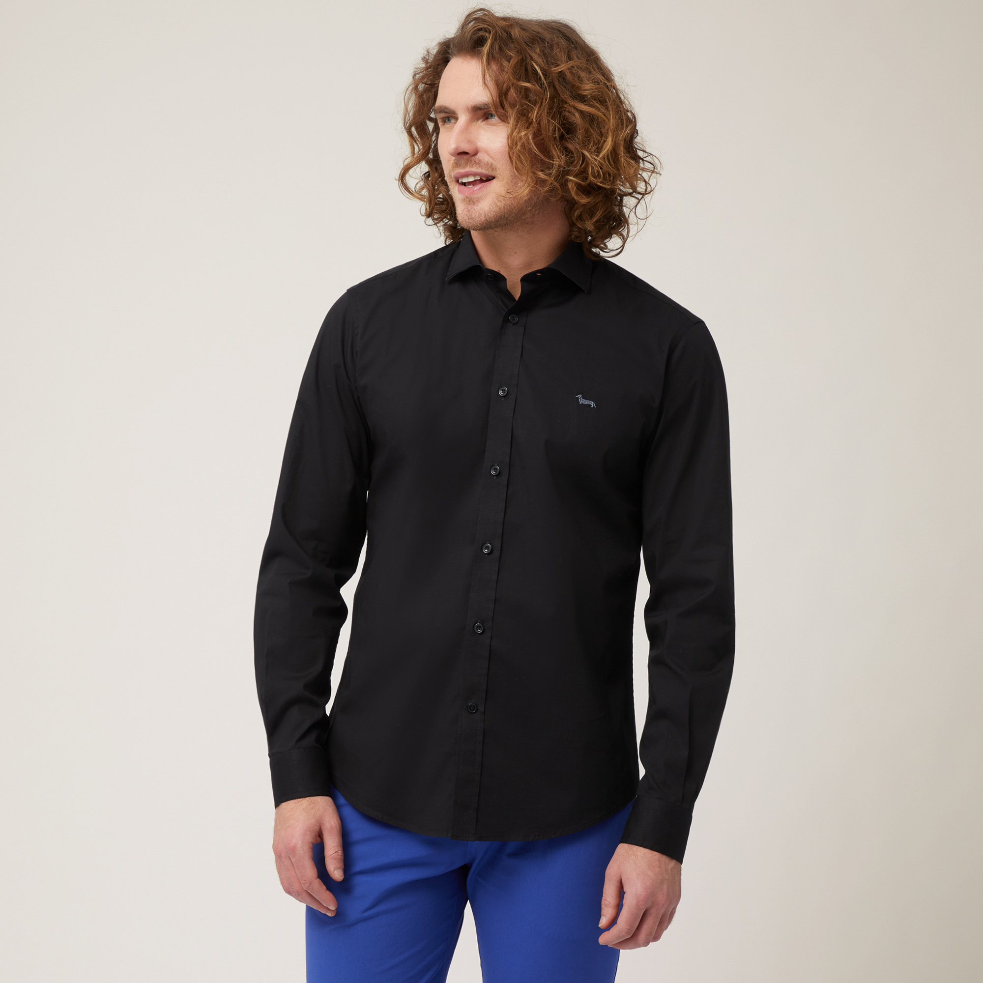 Camisa de popelina de algodón elástico, Negro, large