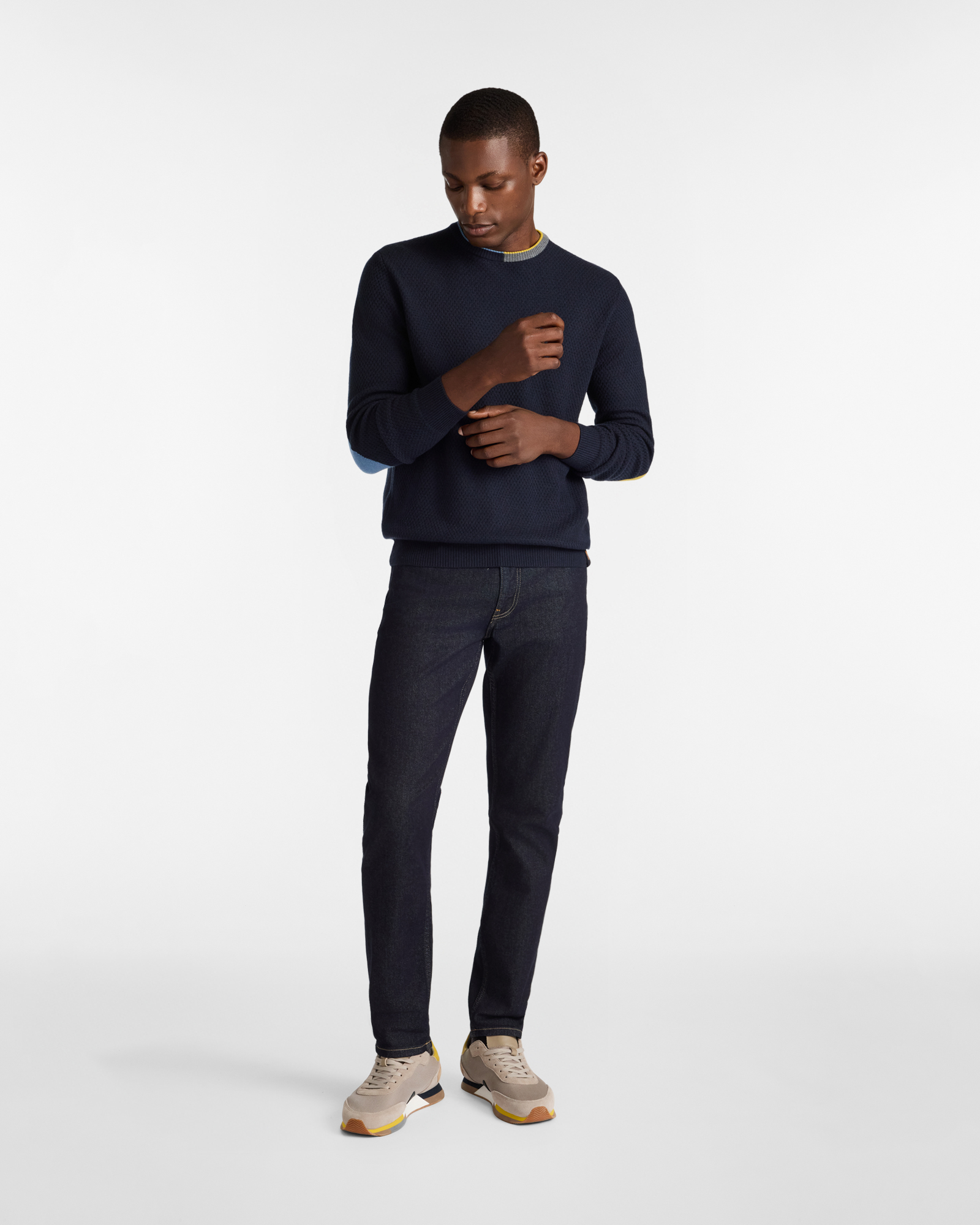 Crewneck Sweater with Contrast Elbow Patches, Dark Blue, large image number 3