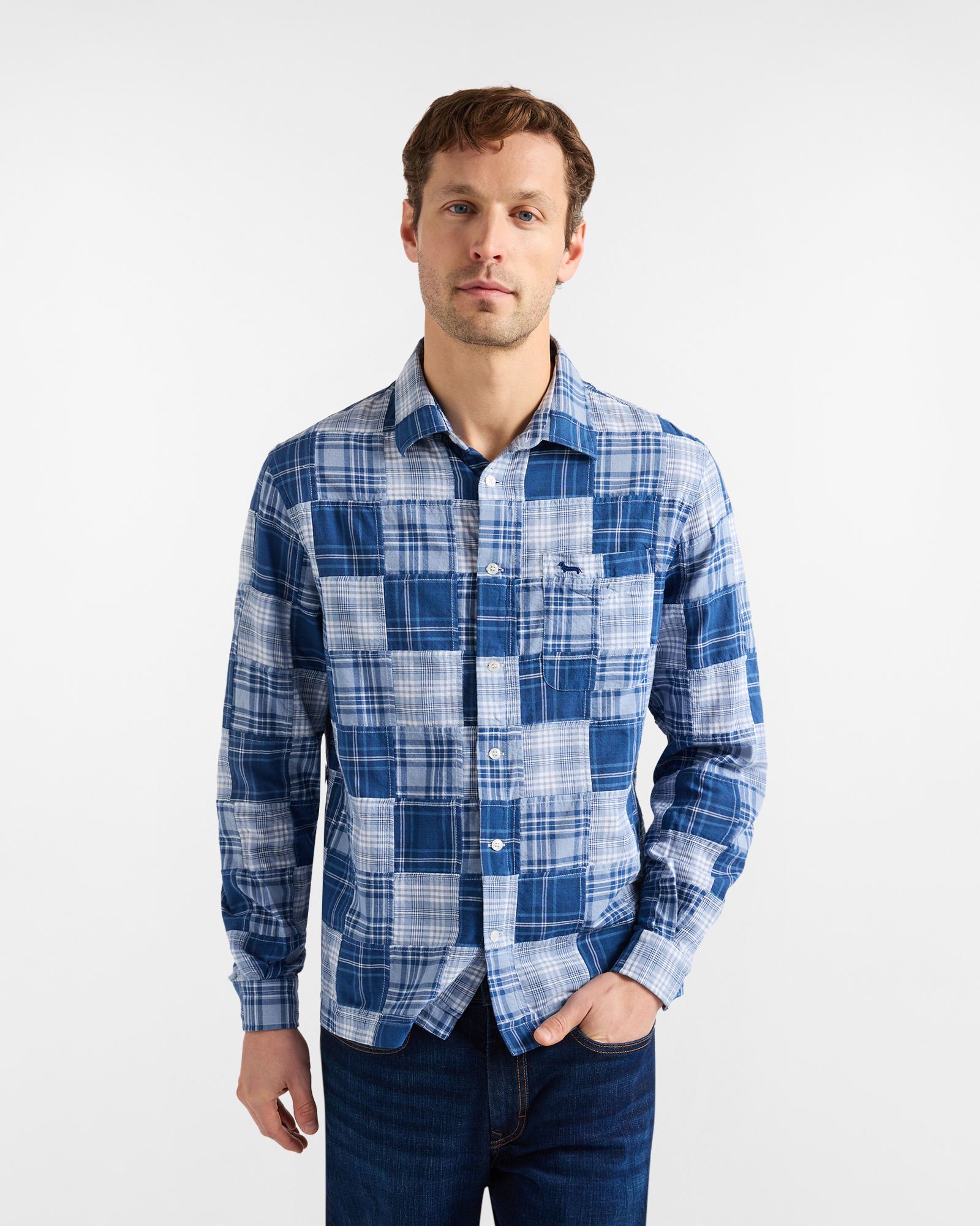 Camicia Uomo Over Fit Patchwork di quadri, Uomo, Blu Chiaro, Taglia: S