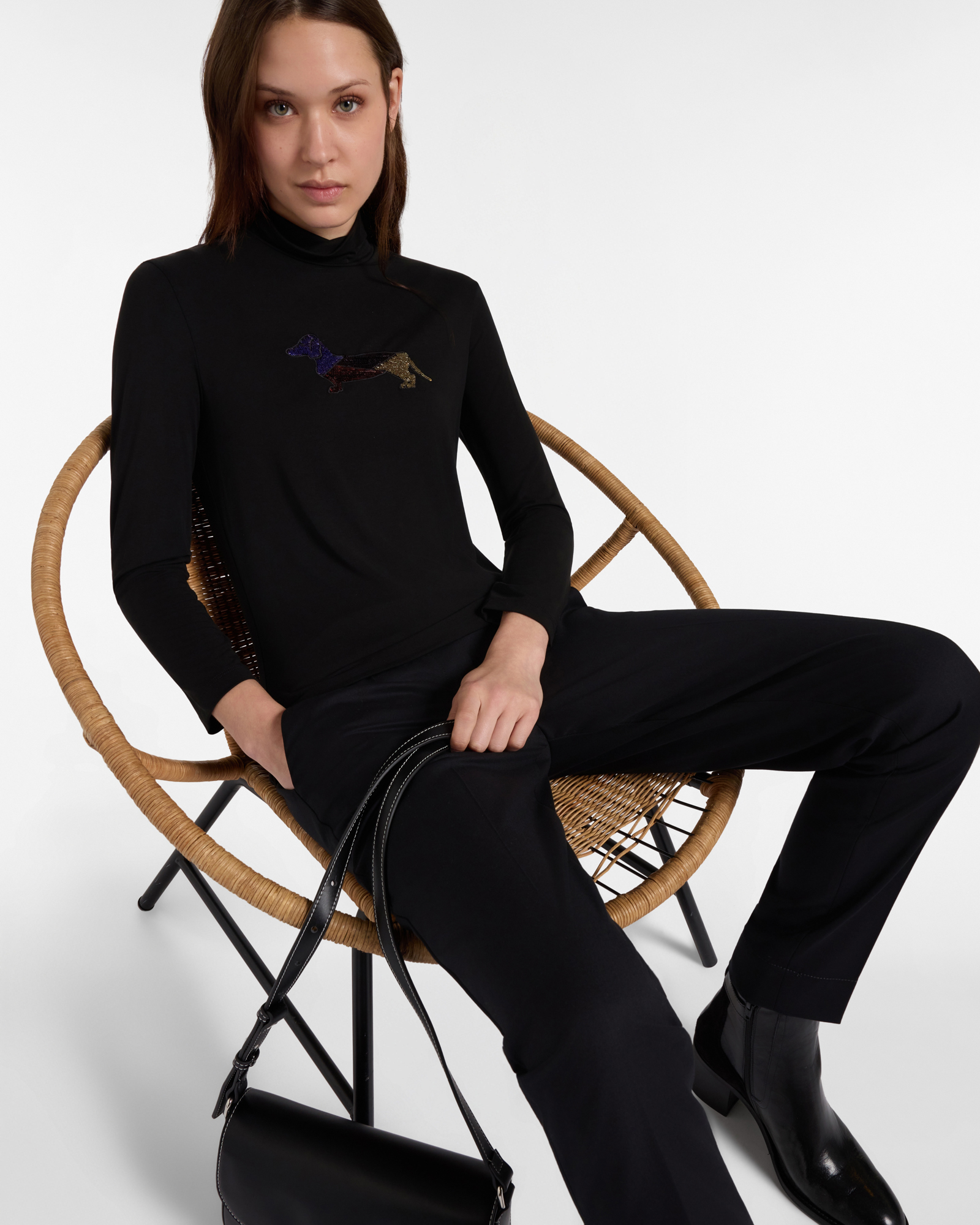 Women&rsquo;s Stretch Modal Turtleneck T-shirt with Sequinned Dachshund, BLACK, large
