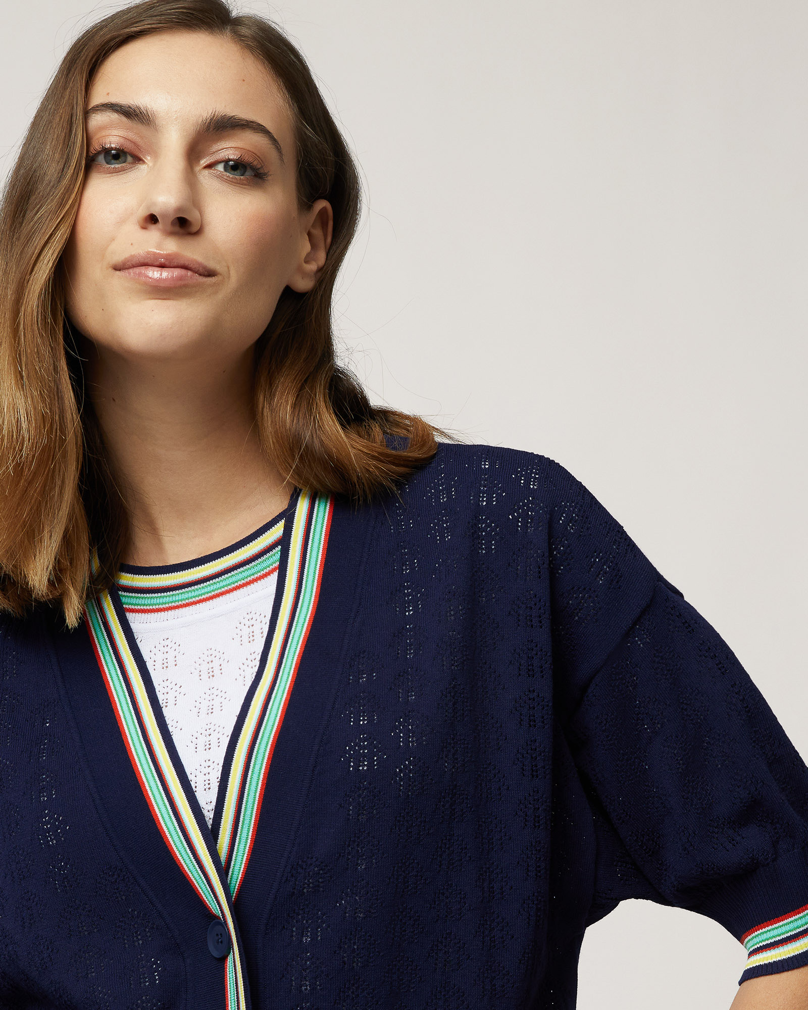 Cardigan mit Lochmuster und Streifen, Marineblau, large image number 2