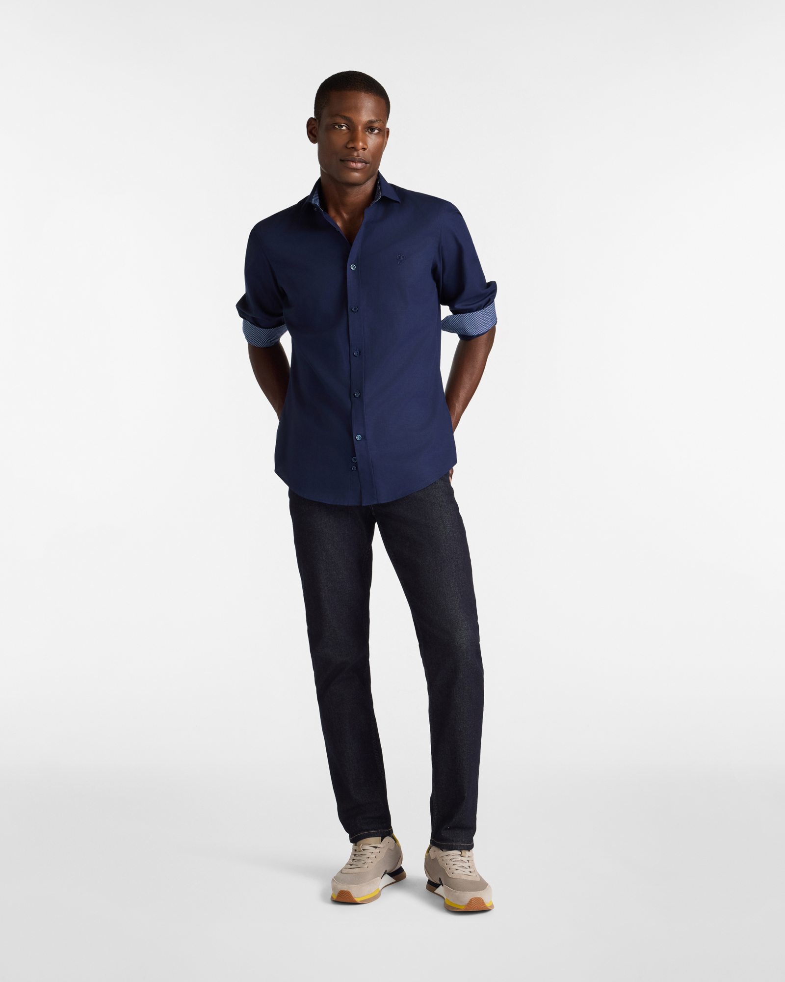 Cotton Shirt with Contrast Inner Cuffs, Dark Blue, large image number 3