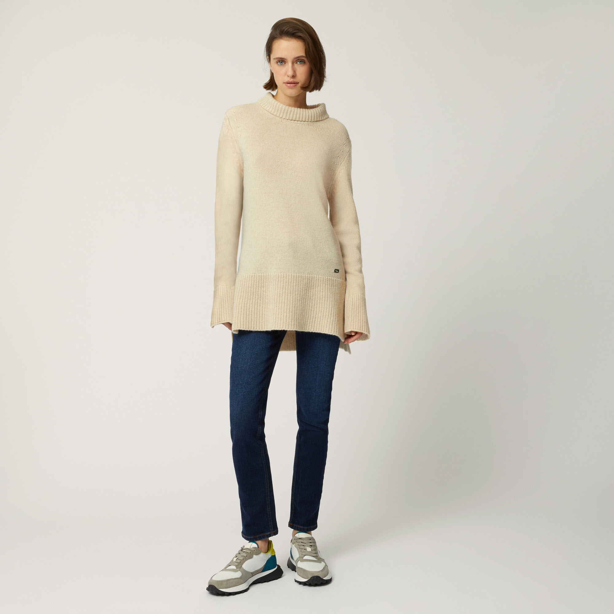 Color Block Cashmere Long Turtleneck, White, large image number 3