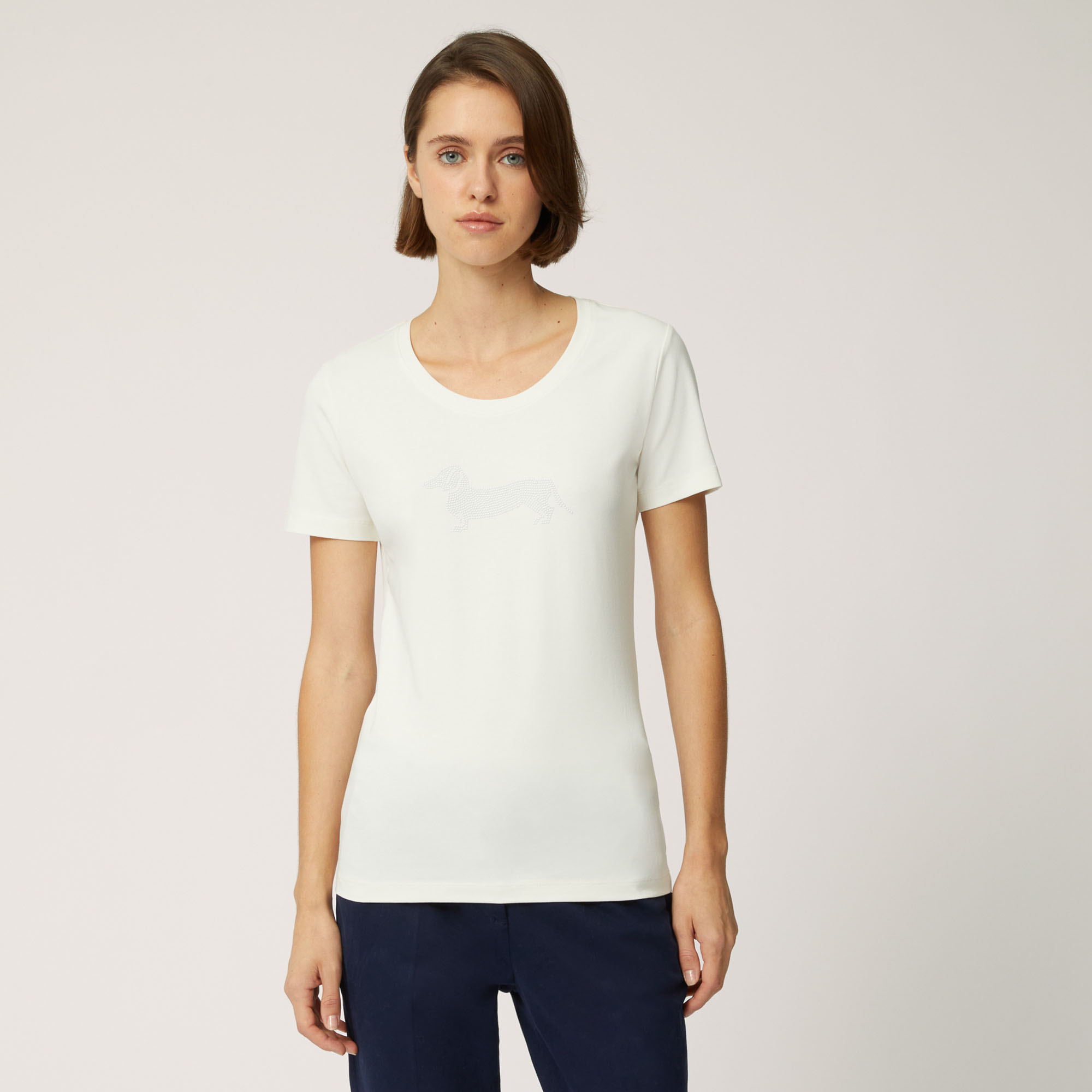T-Shirt In Cotone Stretch Con Maxi Bassotto, Panna, large