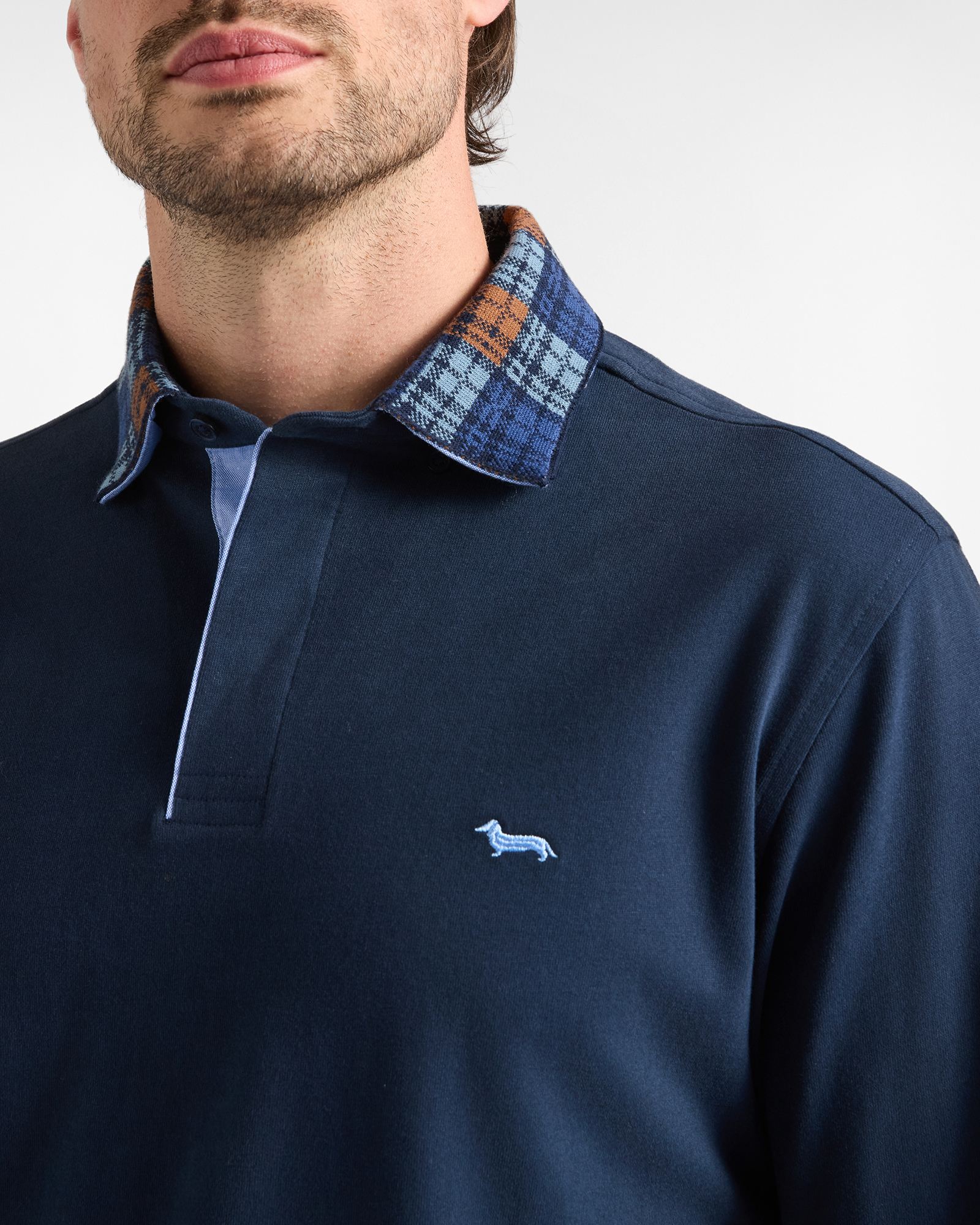 Men's long-sleeve blue 100% pure cotton brushed jersey polo shirt, NAVY BLUE, large image number 2