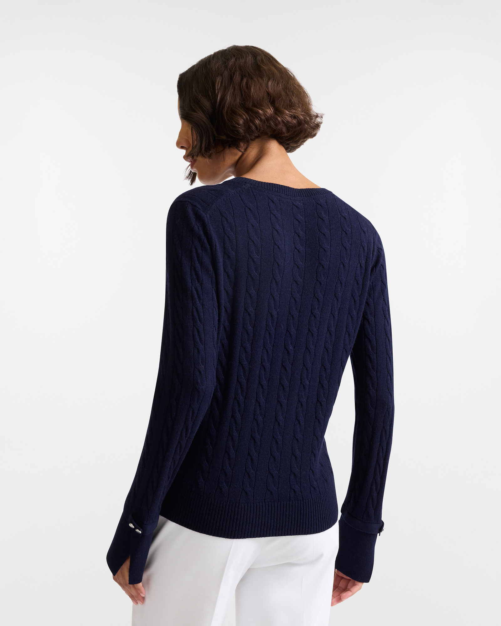 V-Ausschnitt Pullover mit Zopfmuster, Navyblau, large image number 1