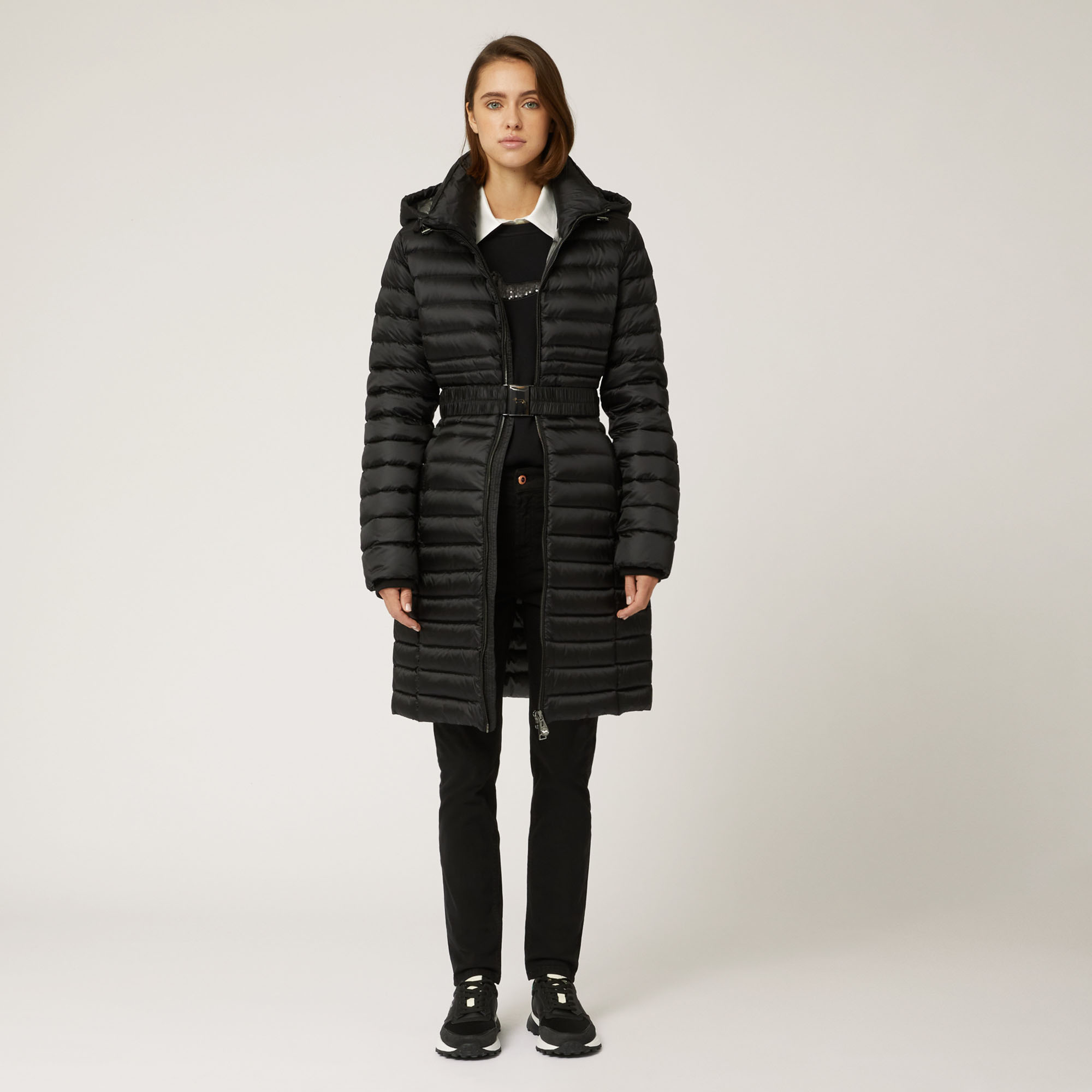 Long Padded Jacket With Hood, Black, large image number 3