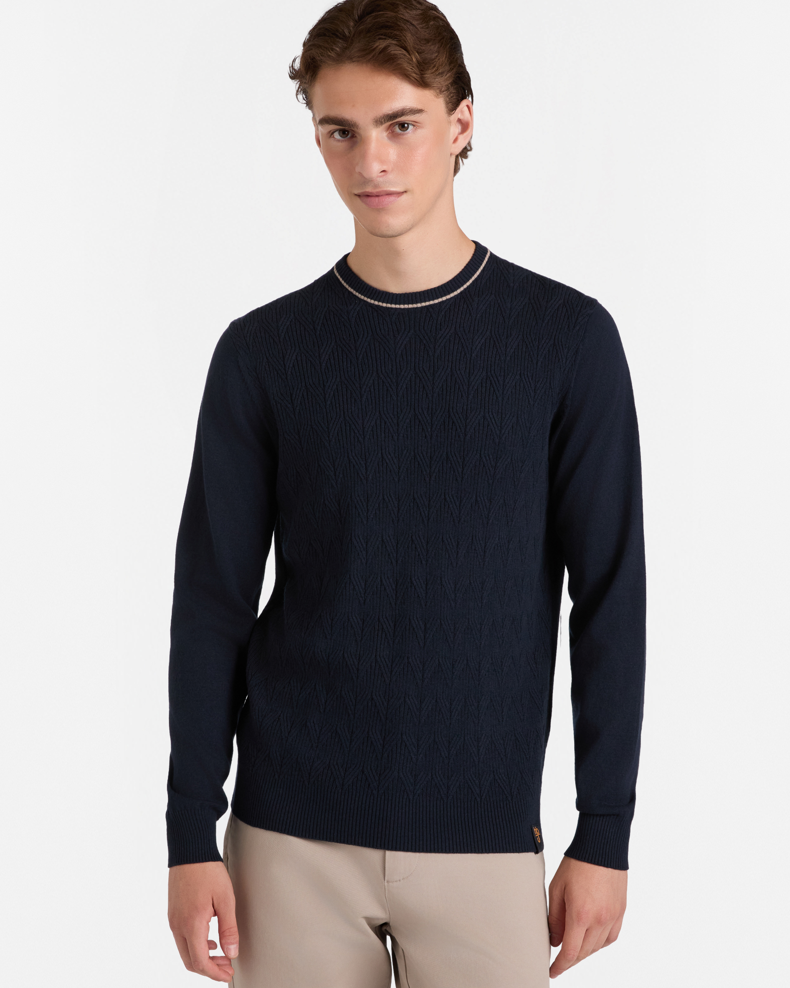 Crew Neck Sweater with Herringbone Stitch, Dark Blue, large