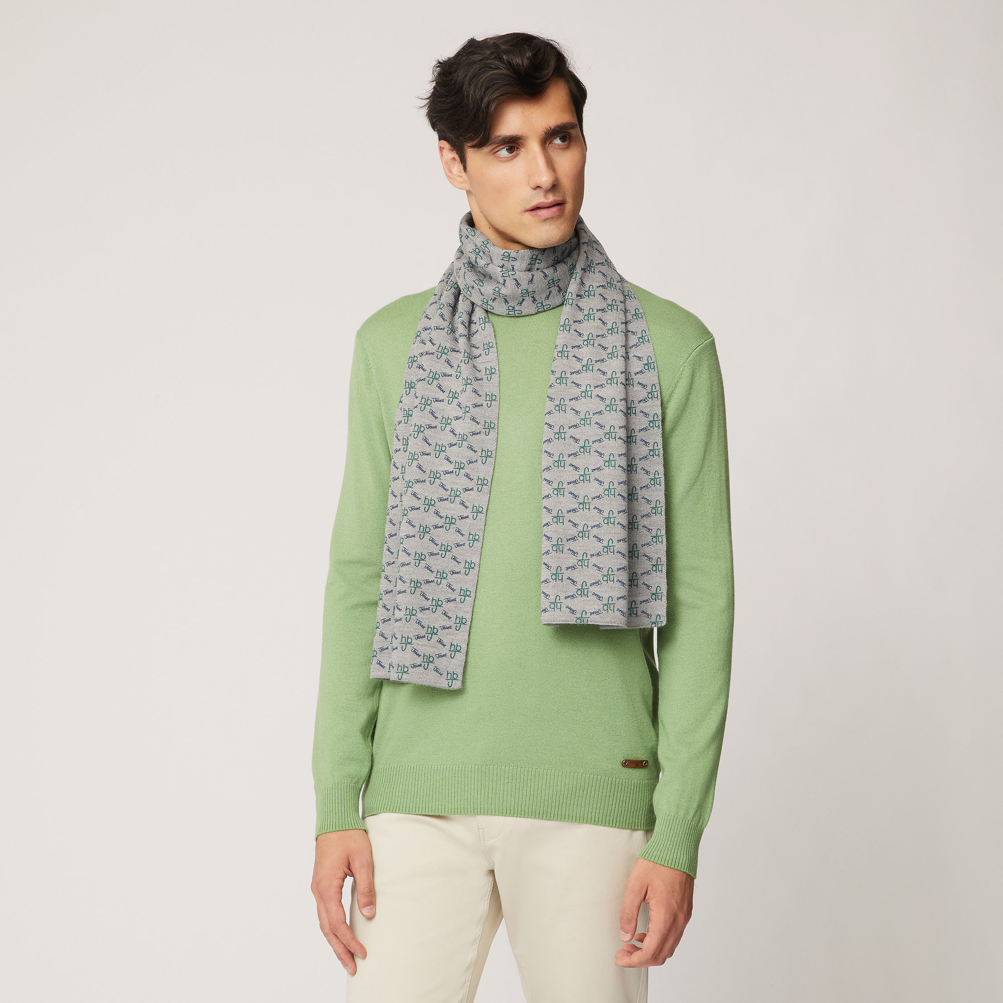 Sciarpa In Misto Lana Con Logo E Lettering All-Over, Verde Petrolio, large image number 2