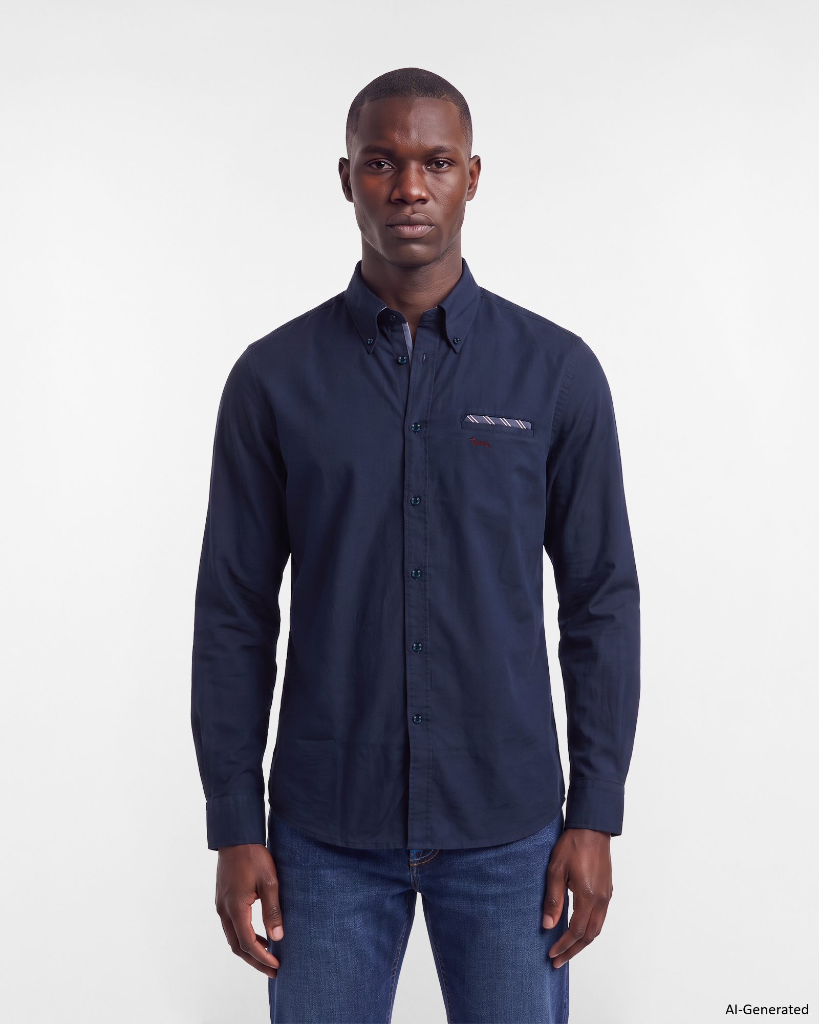 Men's regular-fit dark blue Oxford shirt with pocket square