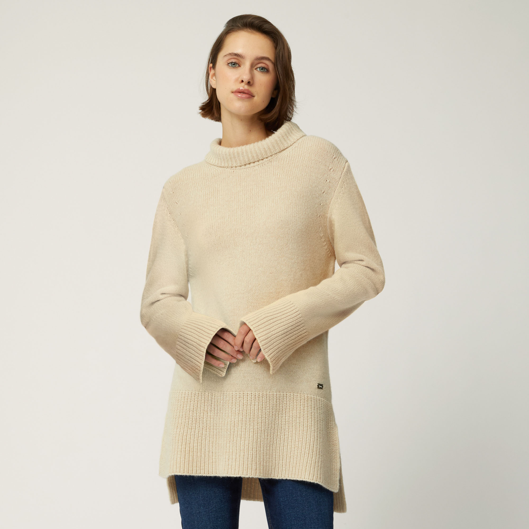 Color Block Cashmere Long Turtleneck, White, large image number 0