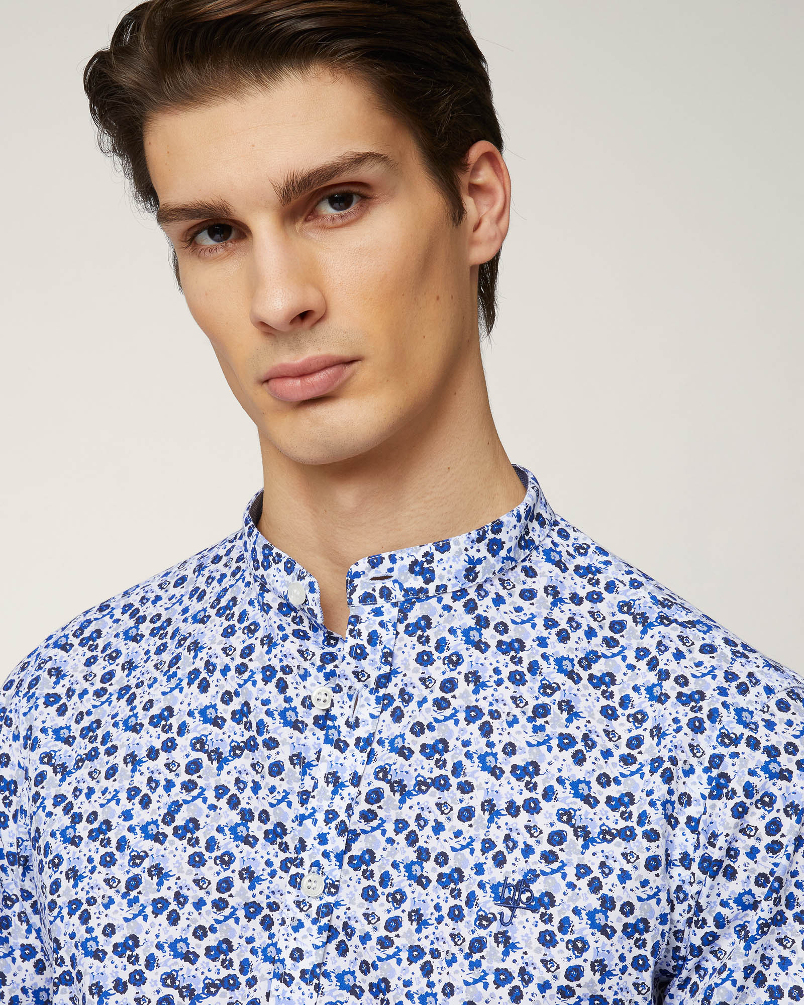 Mandarin-Collar Shirt with Flowers, Dark Blue, large image number 2