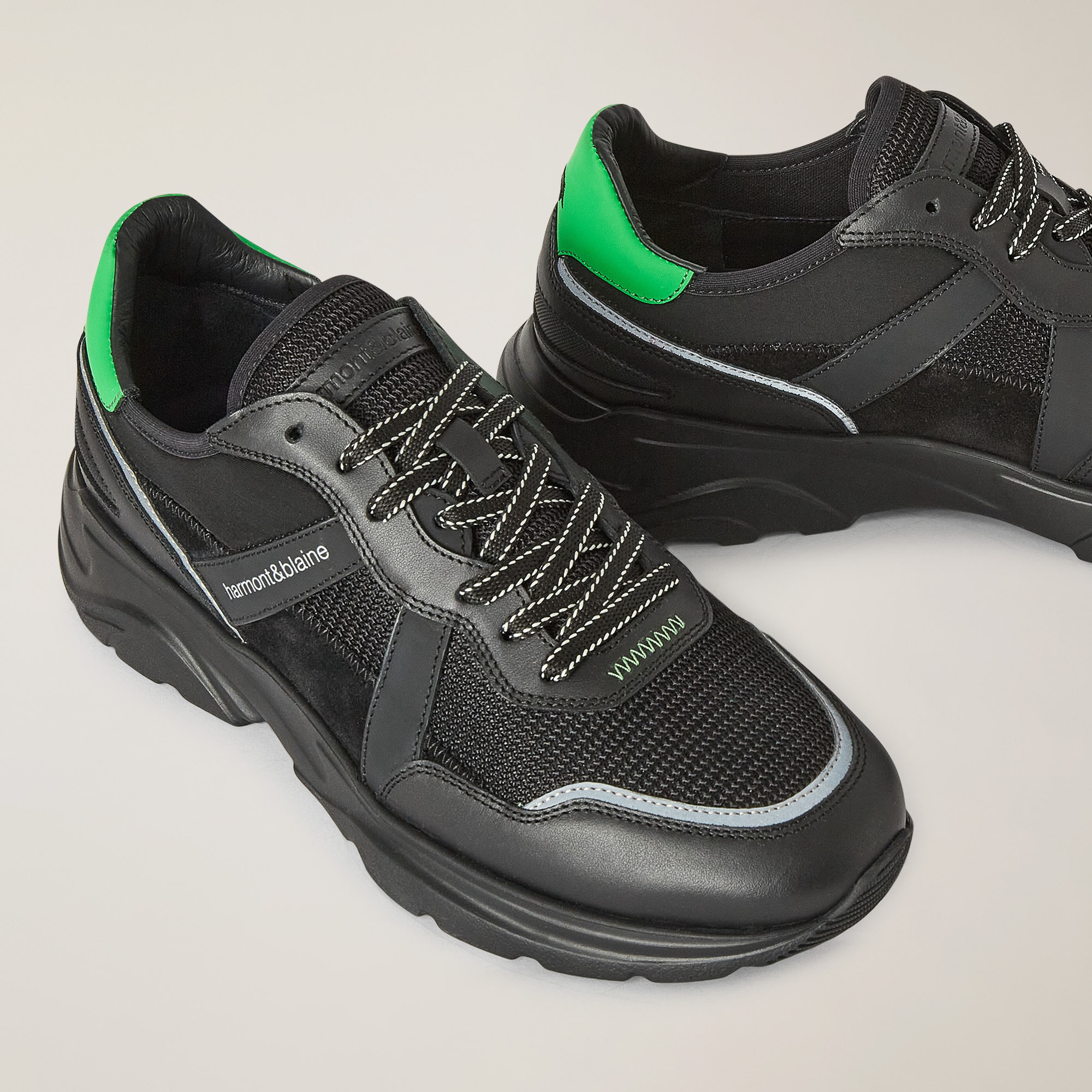 Sneaker Da Running In Pelle E Tessuto, Nero/Verde, large image number 3