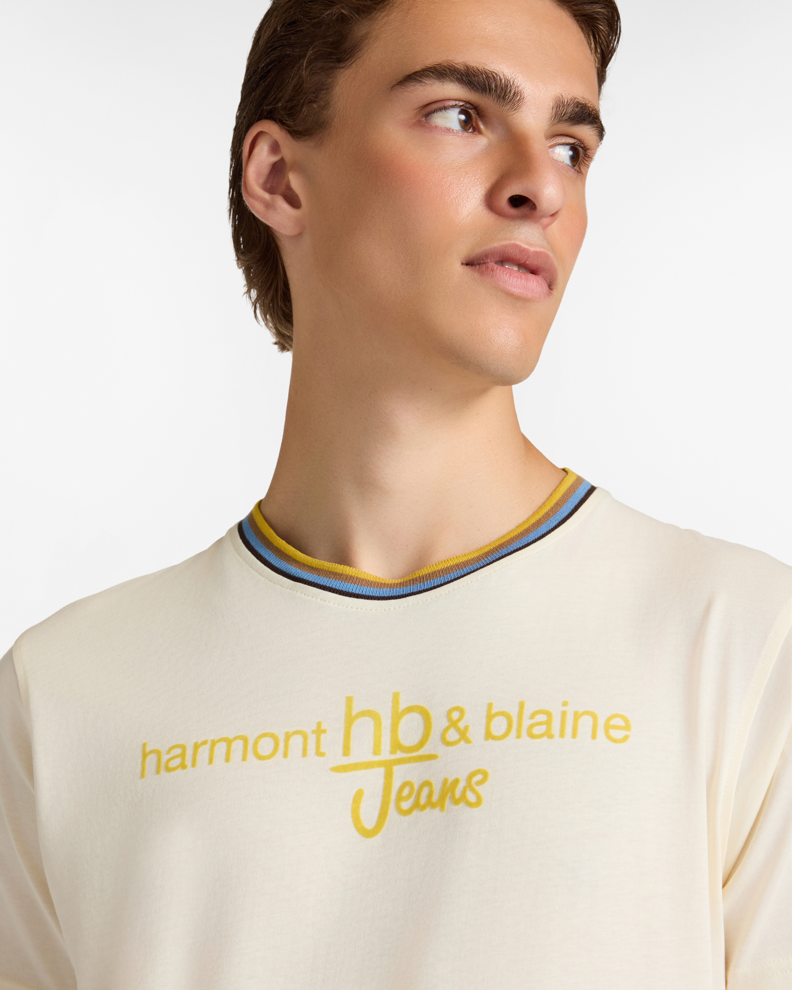 Cotton T-Shirt with Front Logo and Multi-Stripe Ribbed Collar, Cream, large image number 2