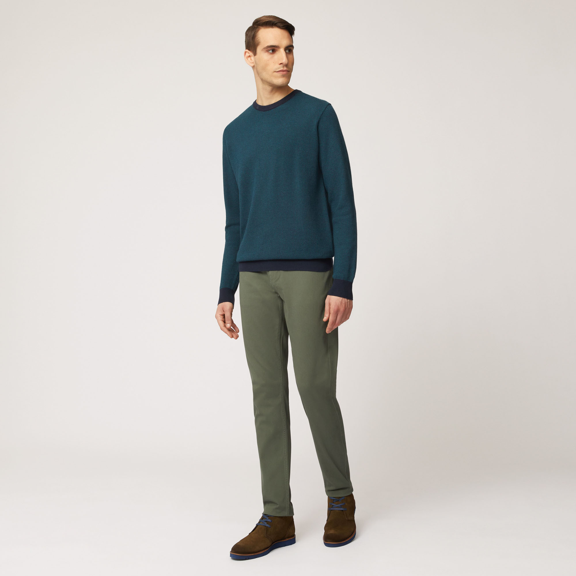 Pullover Girocollo In Cotone E Lana Bicolor, Verde Petrolio, large image number 3