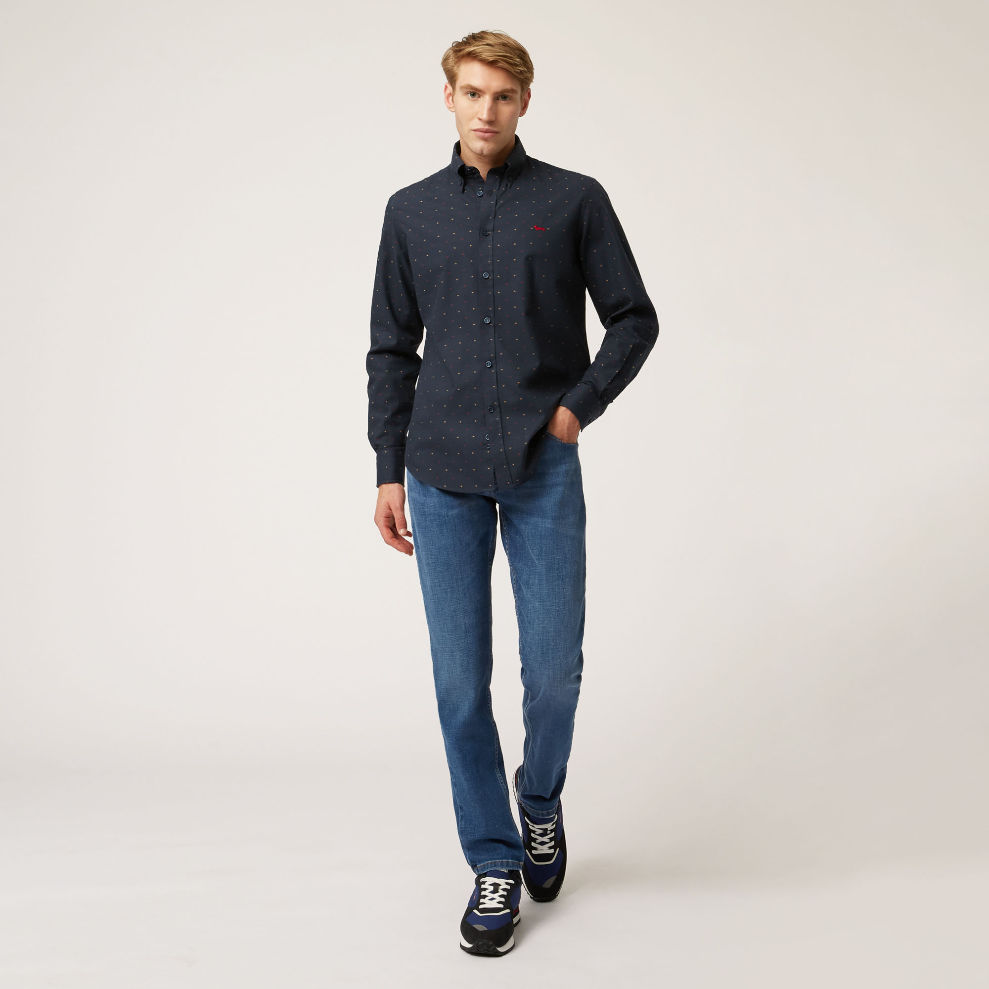 Camicia In Cotone Con Microfantasia All-Over, Blu Navy, large image number 3