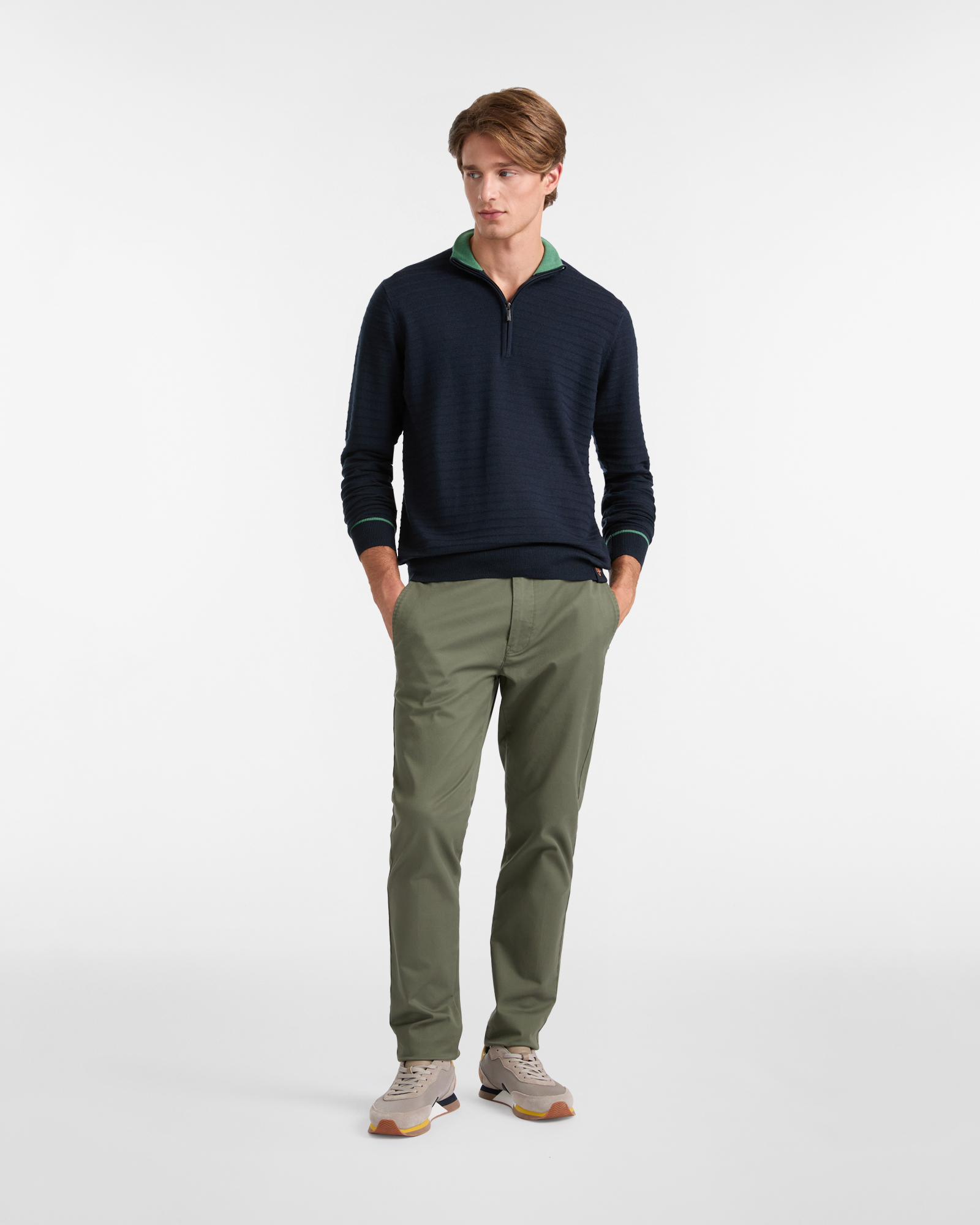 Half Zip Sweater with High Neck and Contrast Edges, Dark Blue, large image number 3