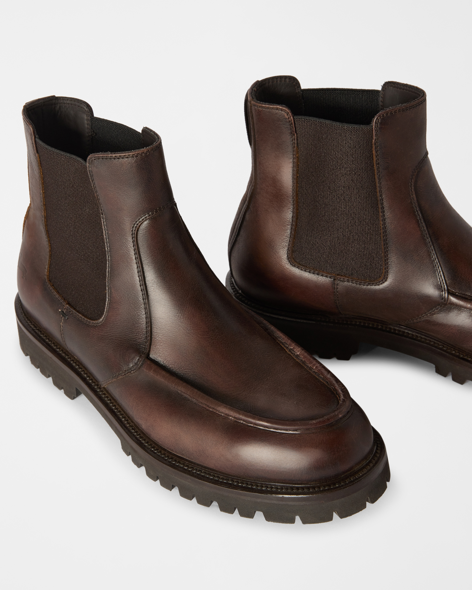 Men&rsquo;s Chelsea boot in pre-faded leather with loafer-style stitched toe, DARK BROWN, large