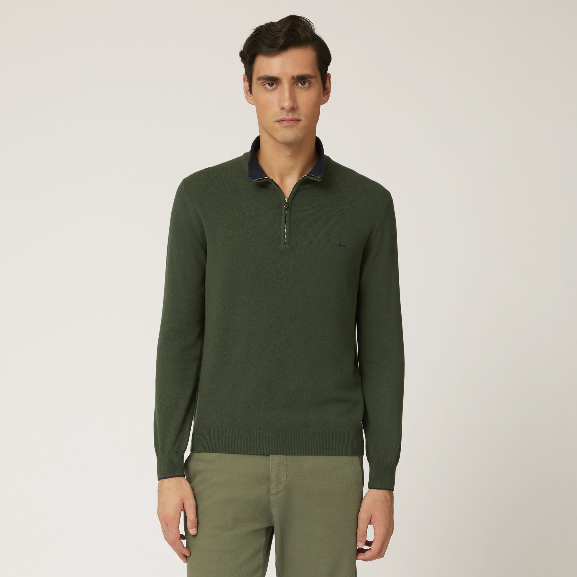 Pullover Girocollo Half Zip In Misto Lana, Verde Petrolio, large image number 0