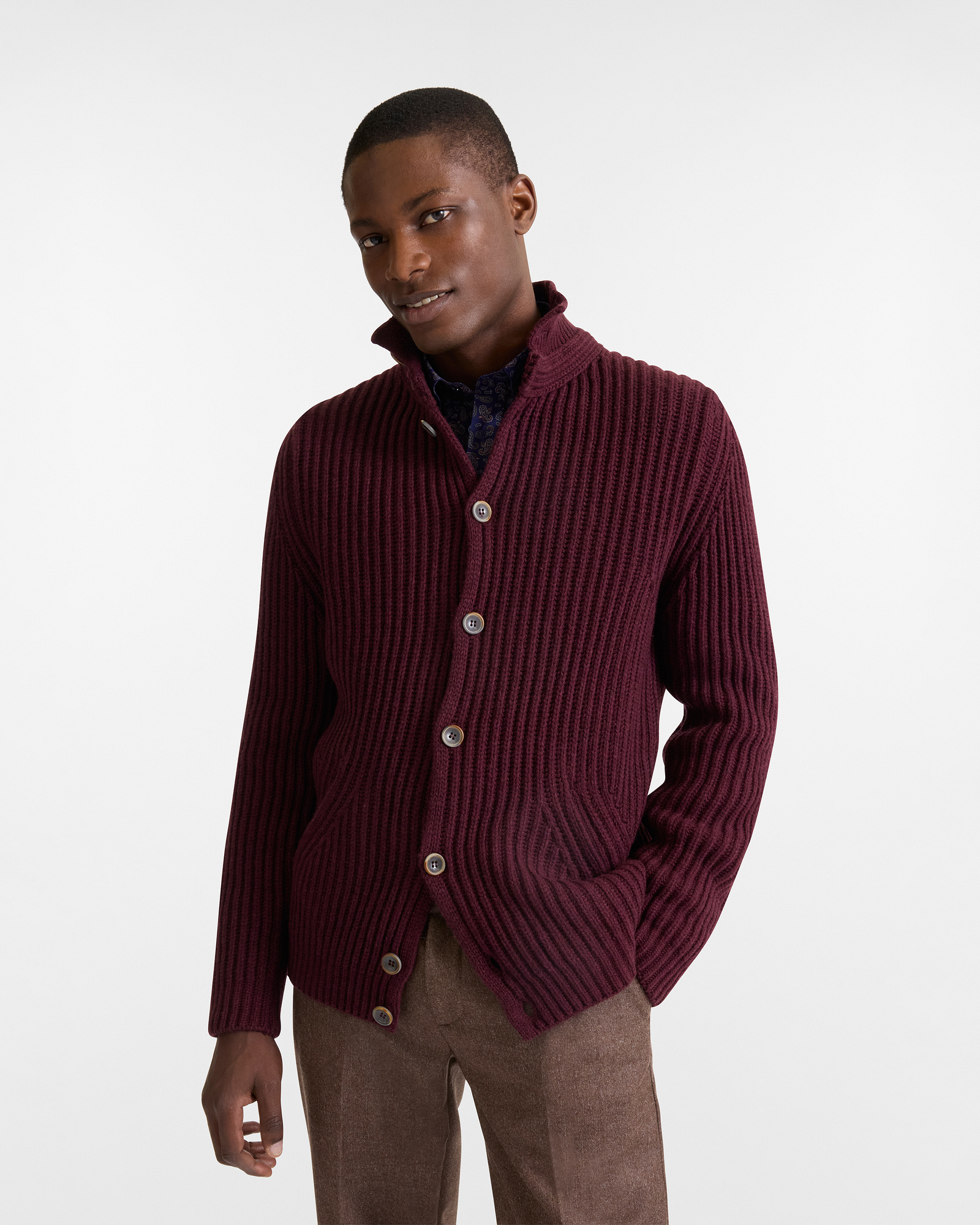 Cardigan en Punto Inglés con Efecto 3D, Rojo Oscuro, large