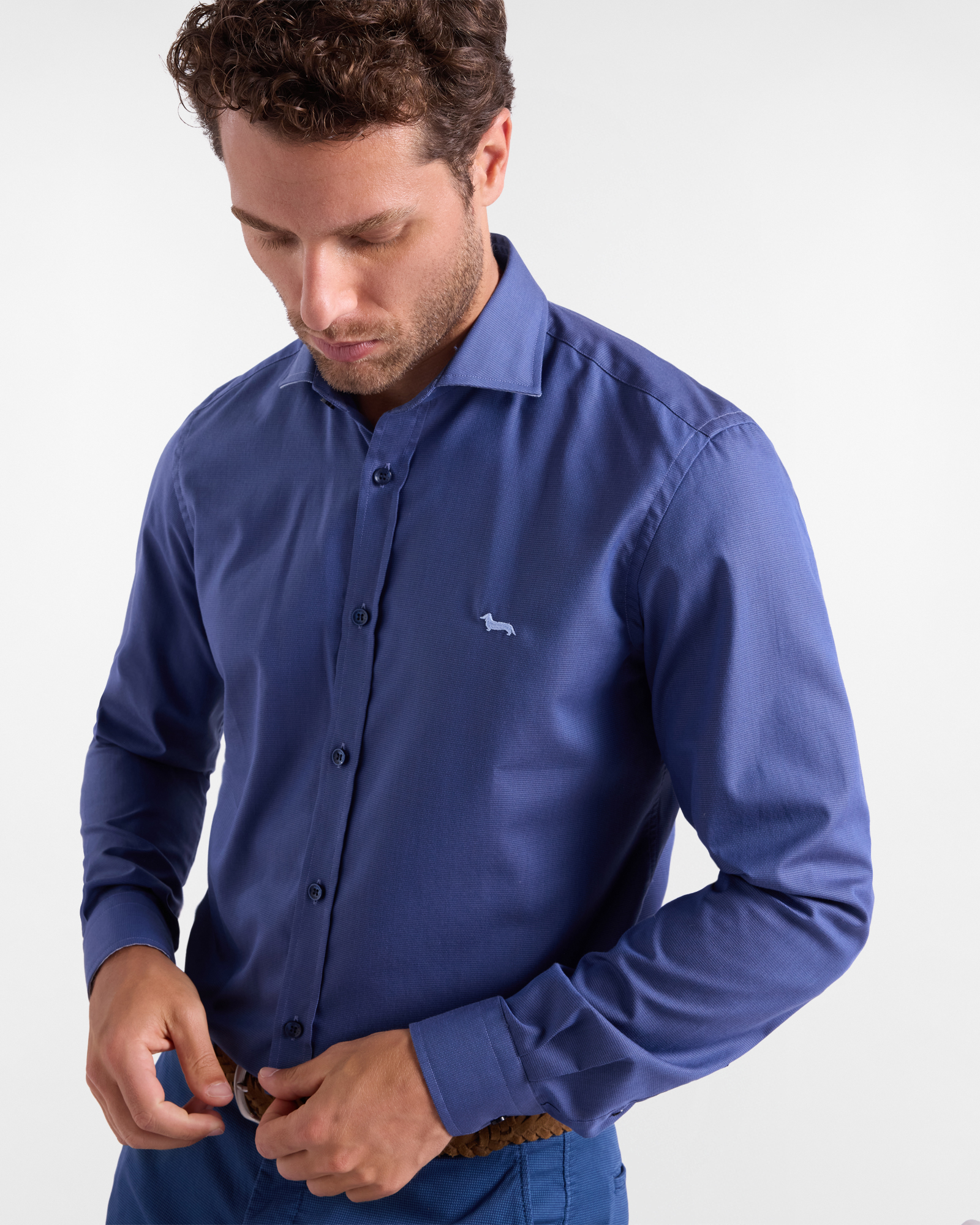 Camisa de hombre de algod&oacute;n puro con contrastes internos y corte ajustado, Azul, large image number 2