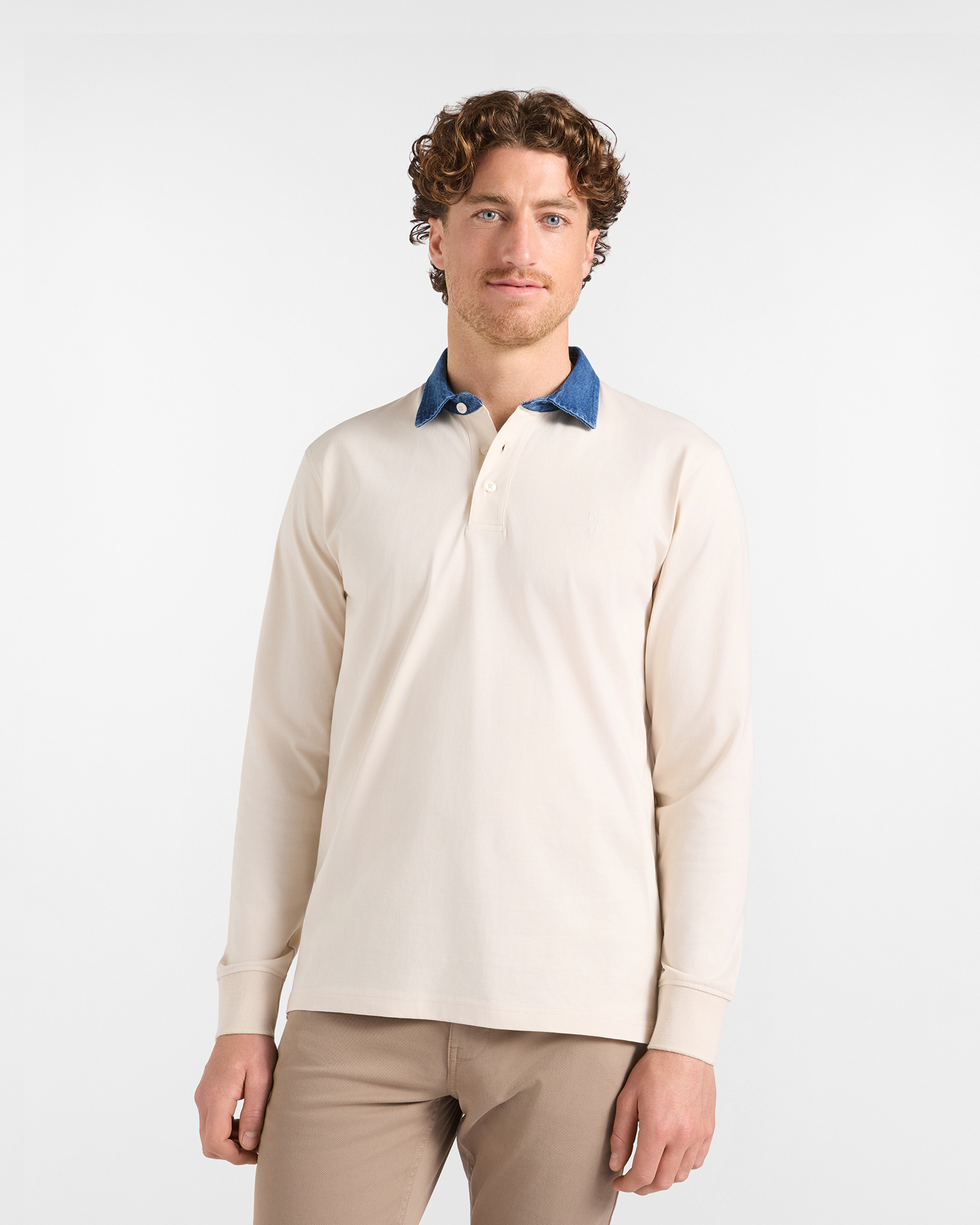Polo HBJ Uomo con Colletto in Denim di Puro Cotone, BIANCO, large