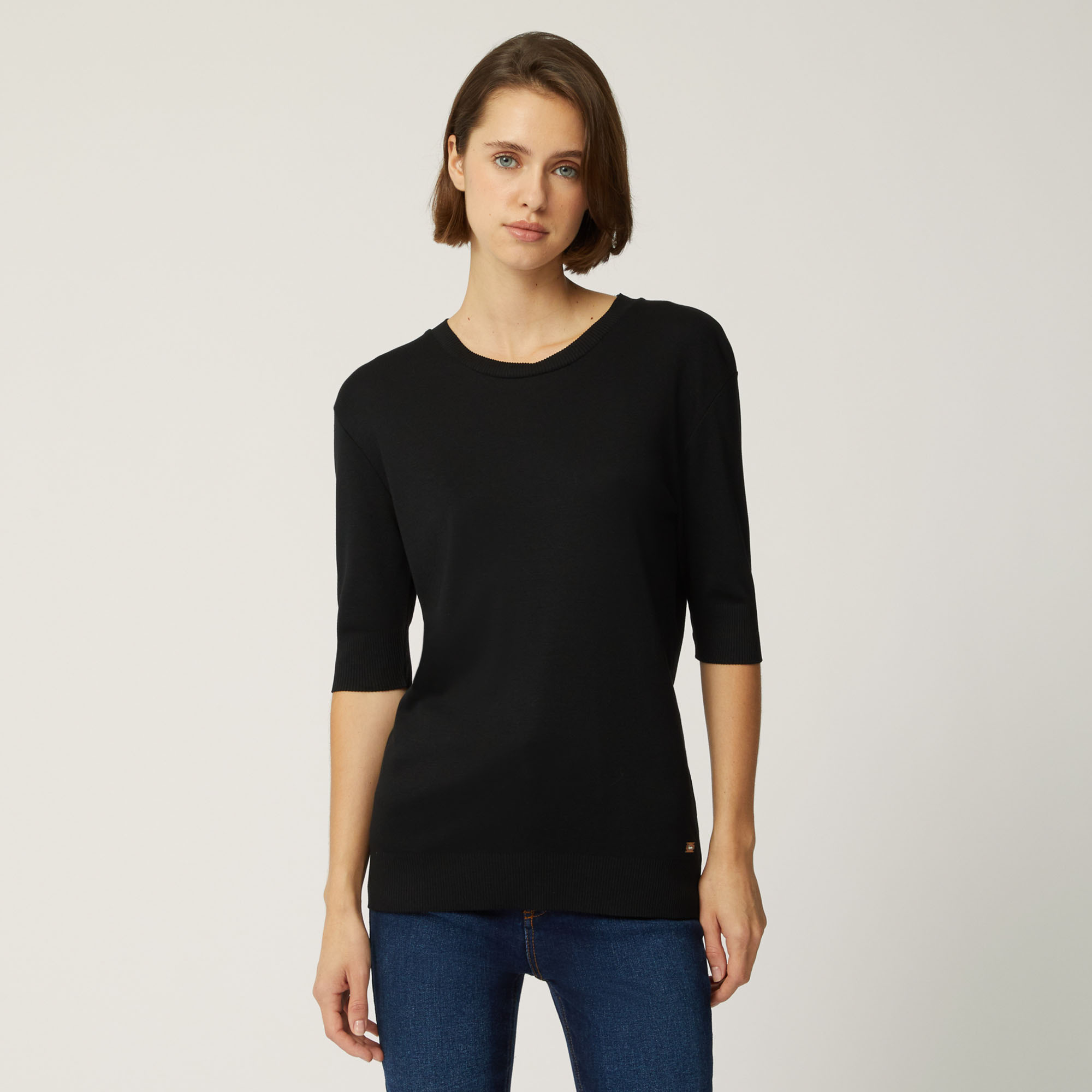 Cotton And Modal T-Shirt With Three-Quarter Sleeves, Black, large