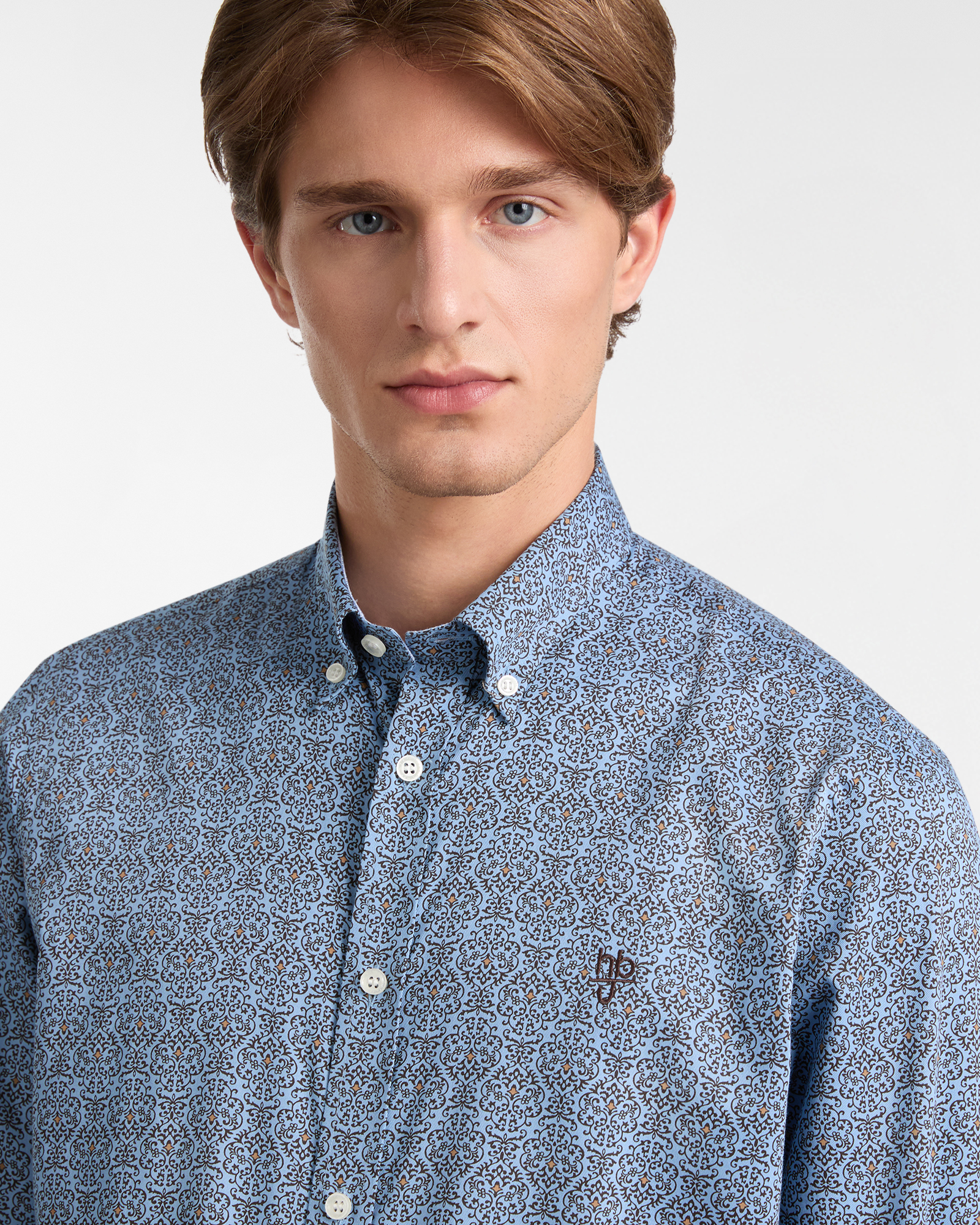 Patterned Cotton Shirt with Embroidered Logo, Light Blue, large image number 2