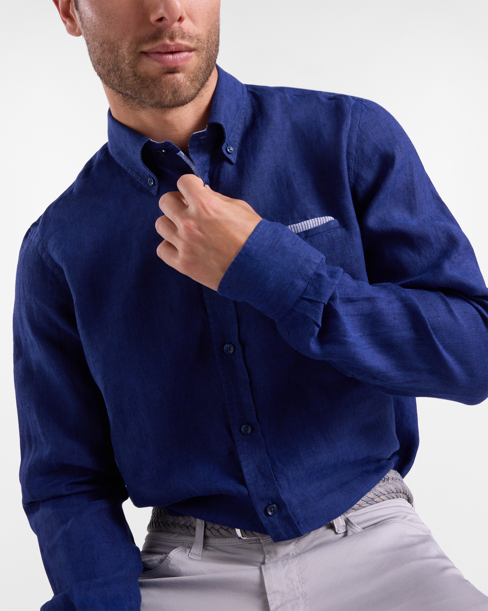 Men's linen shirt with chest pocket and pocket square, Blue, large image number 2