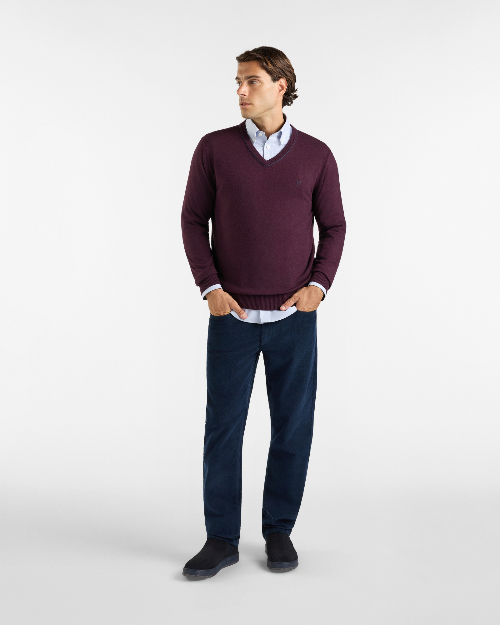 Maglia HBJ Uomo in Punto Cardato con Scollo a V in Misto Lana e Cashmere, PRUGNA, large