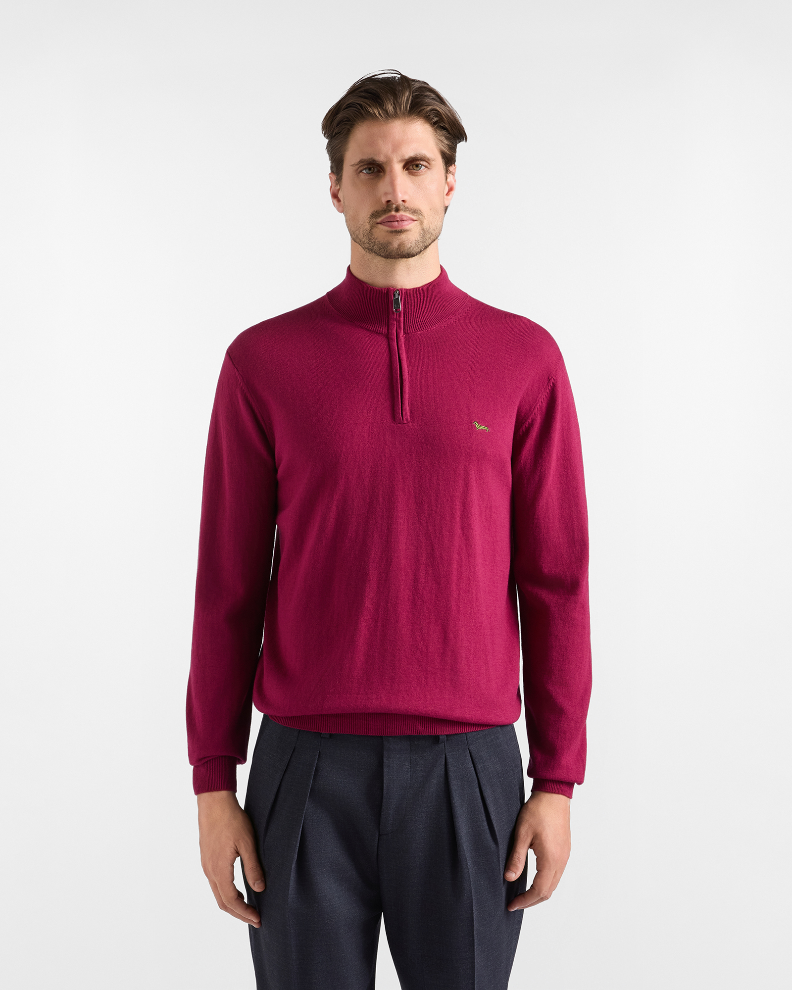 Men's regular fit sweater with half-zip stand-up collar in a red wool and cotton blend