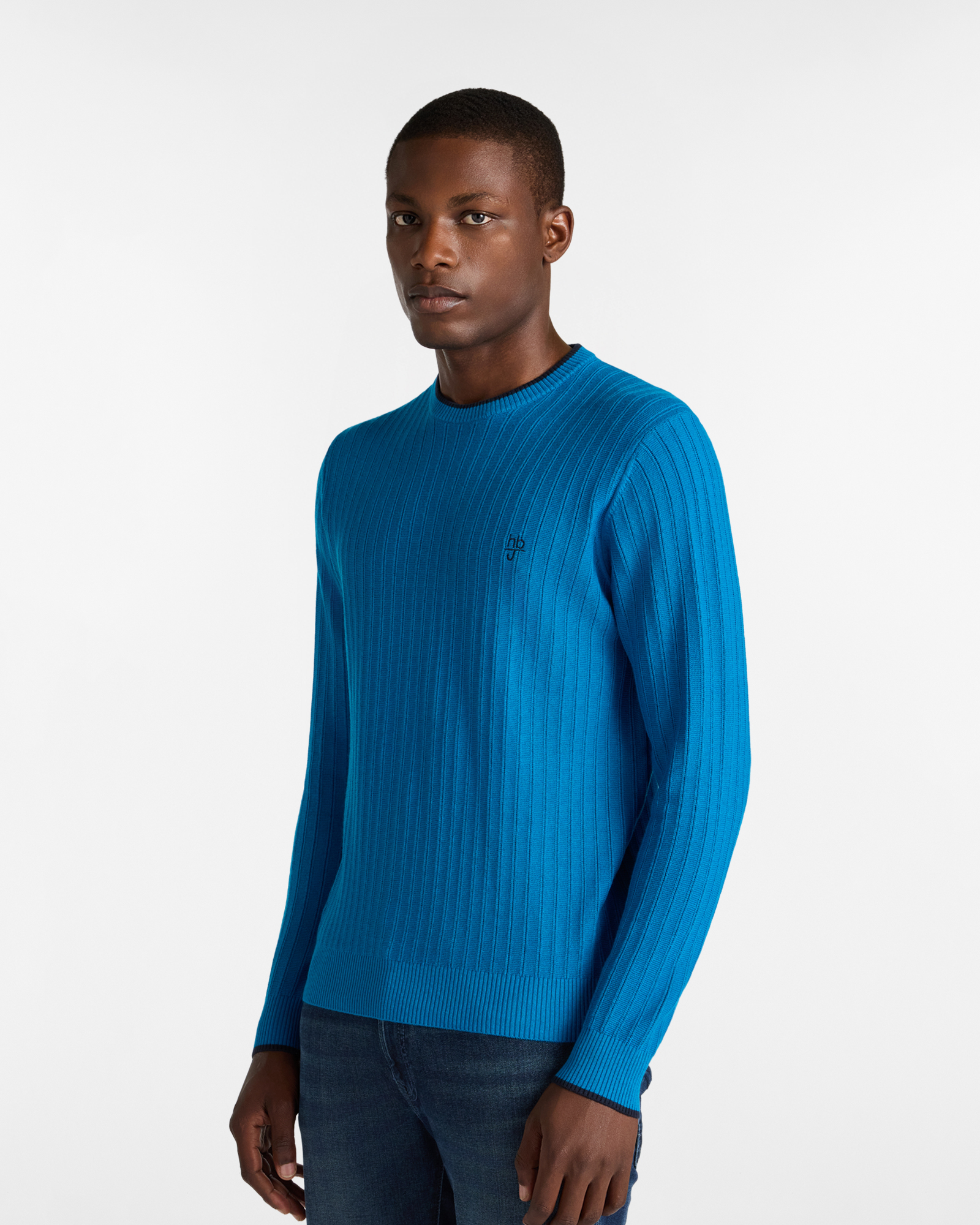 Crew Neck Sweater with Contrast Details, Turquoise, large