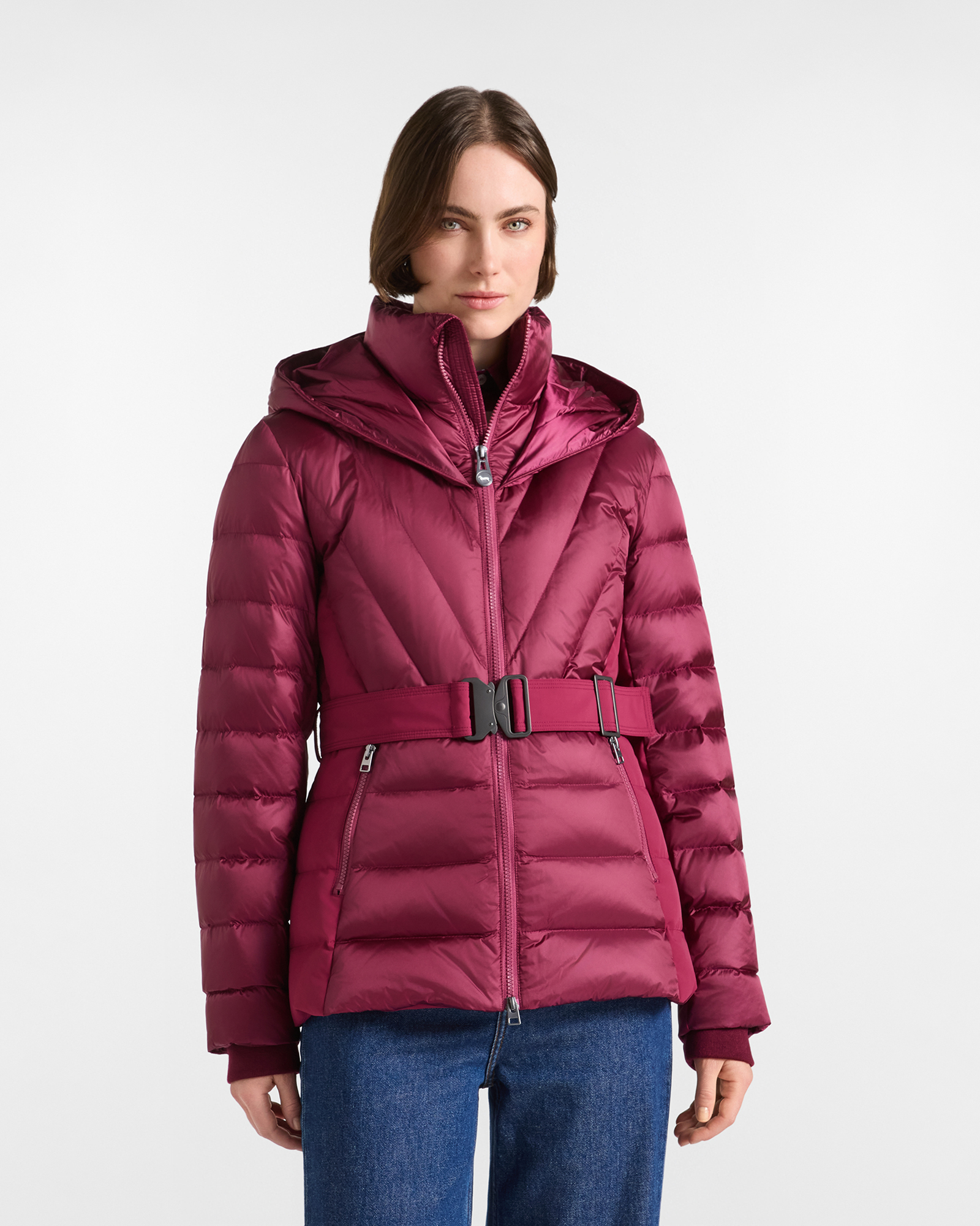 Women&rsquo;s down jacket with double collar and hood in cyclamen technical nylon