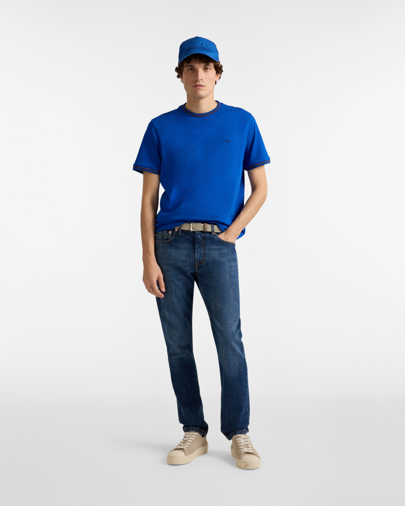 Men's T-shirt with striped collar and hems, Blue, large image number 3