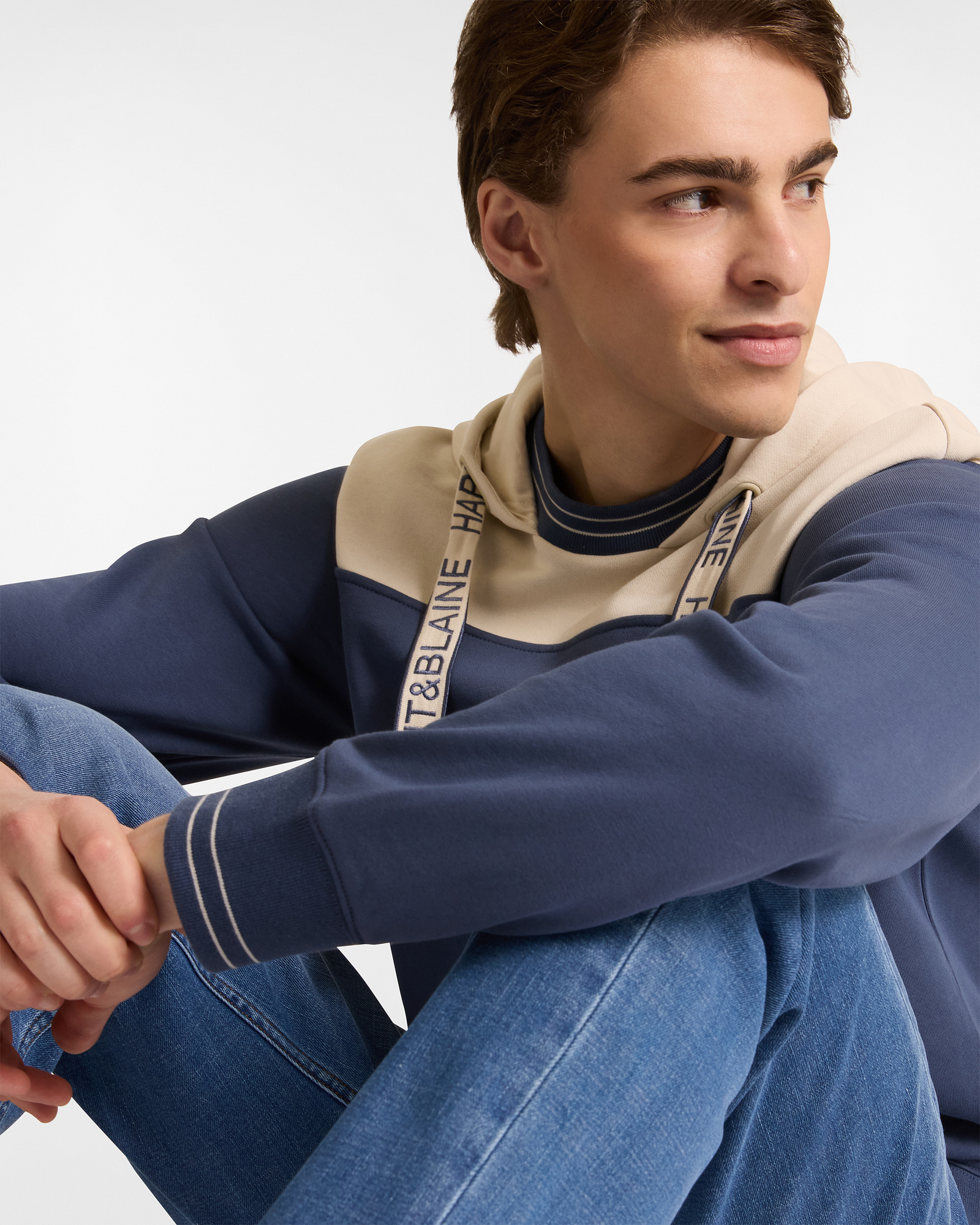 Felpa In Cotone Con Cappuccio Bicolor, Beige/Blu, large image number 2