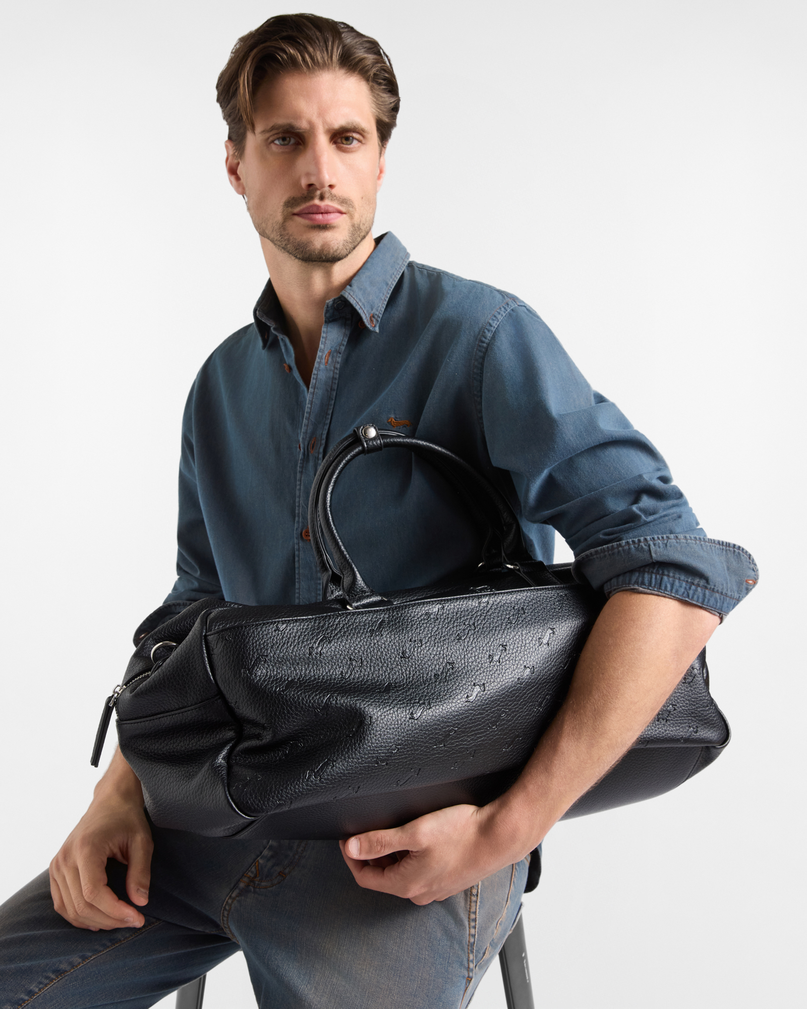 Men's black Boston bag with all-over dachshund print