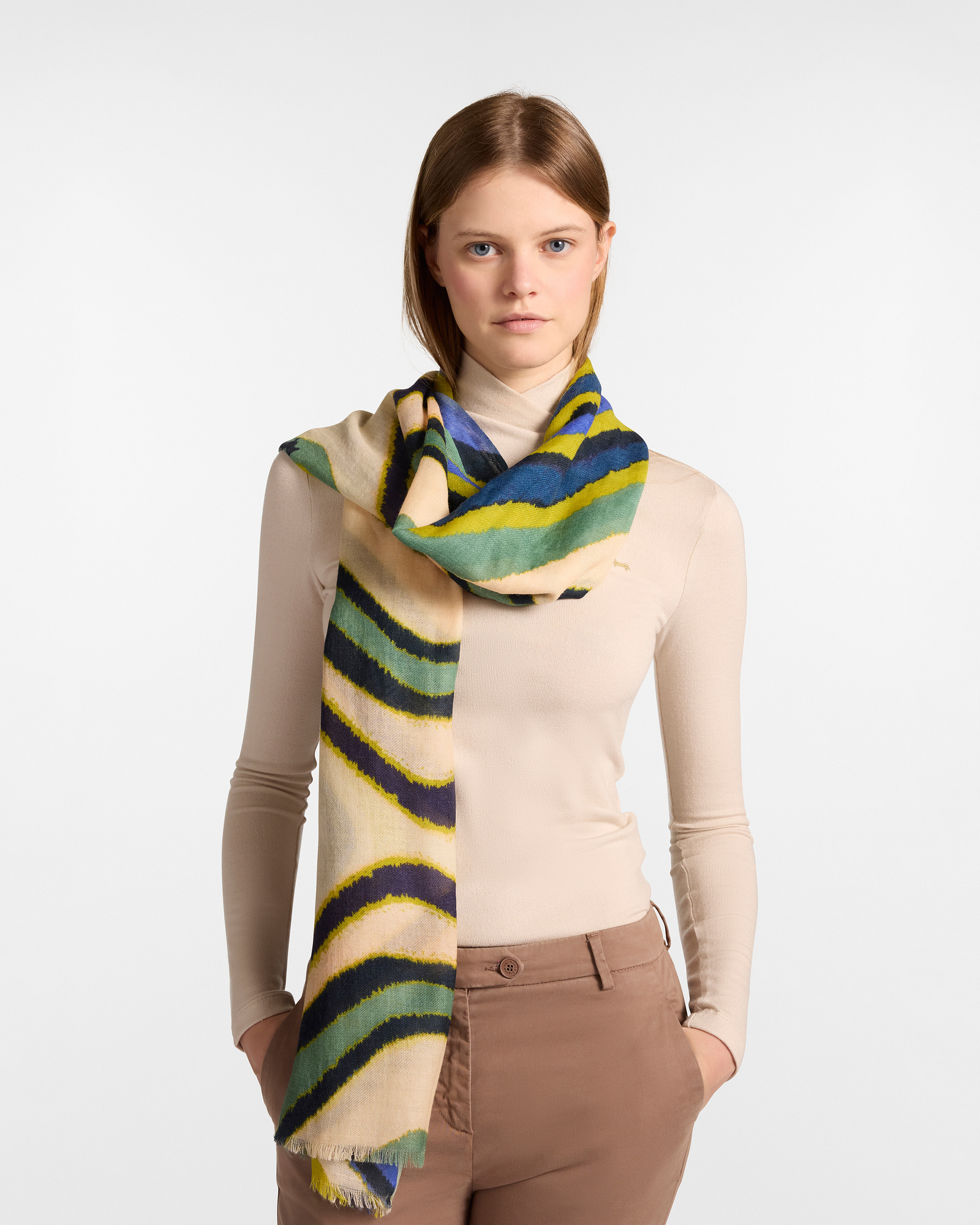 Wool Twill Scarf With Wave Print, Beige, large image number 3