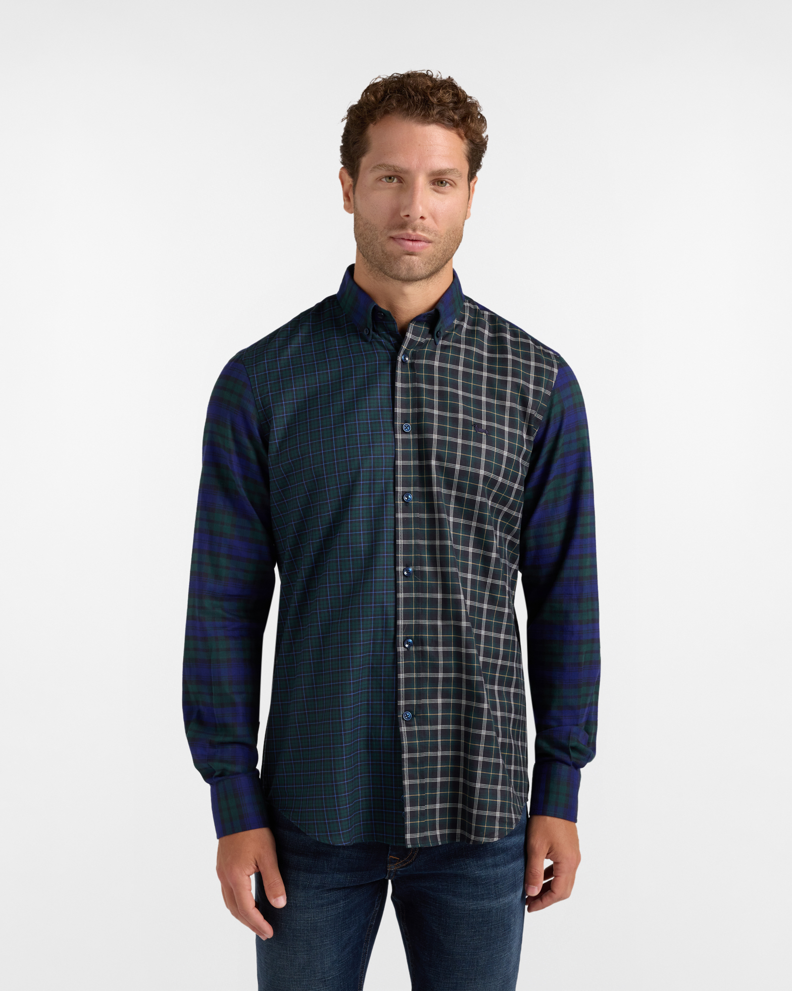 Men's regular-fit green Made in Italy Piazzetta shirt in patchwork check flannel