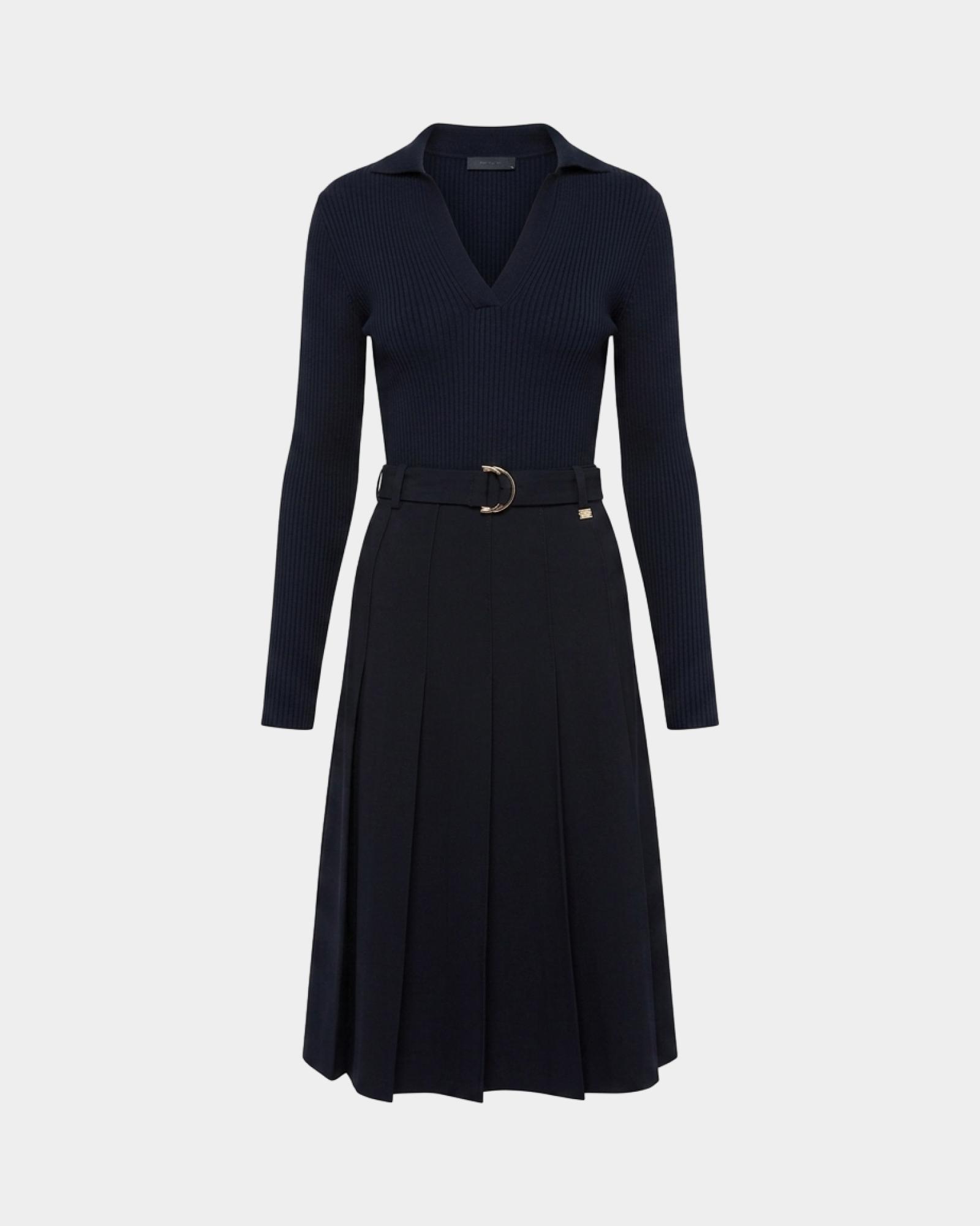 Women's two-material midi dress with ribbed bodice and belt, BLUE, large