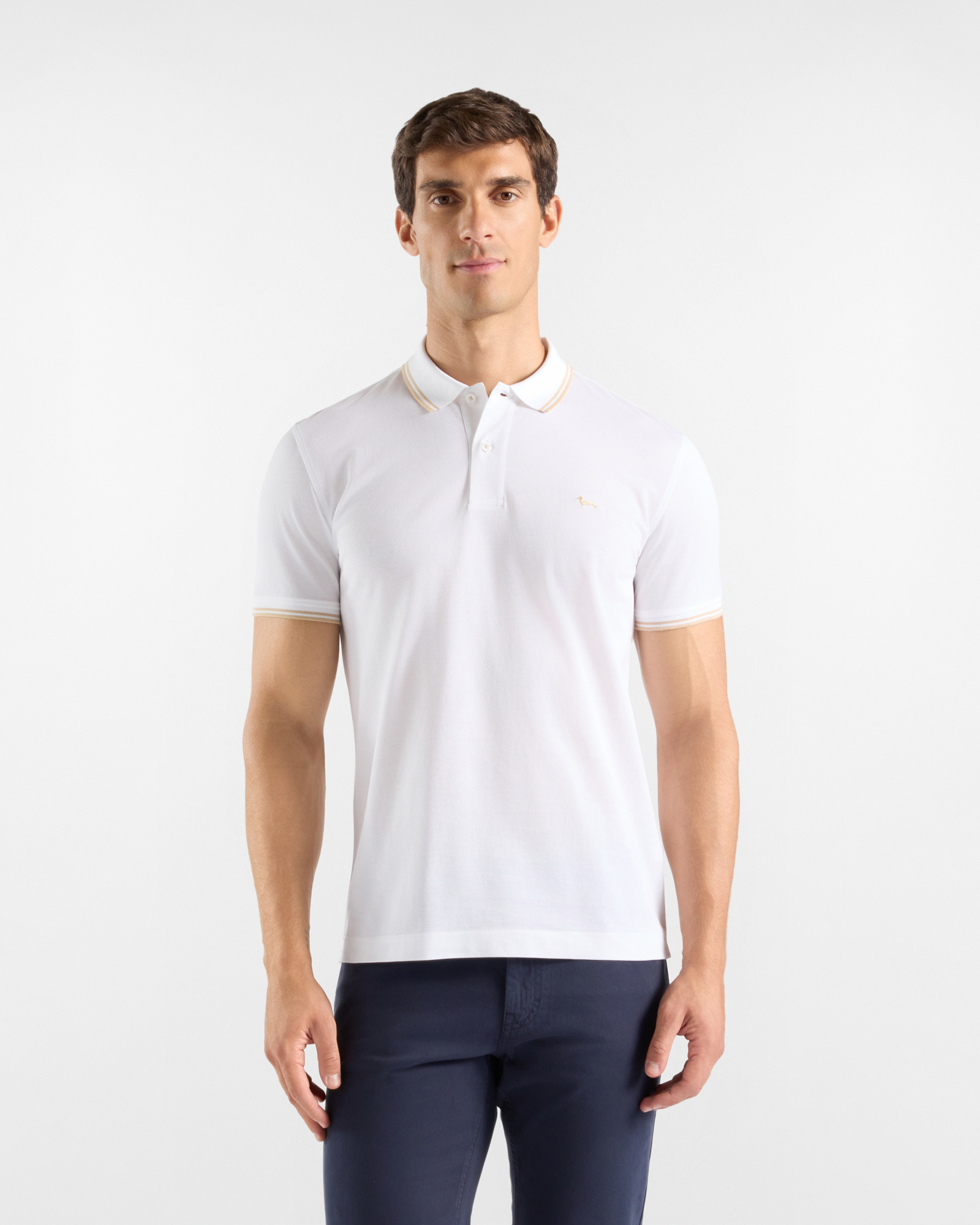 Men's short-sleeve white 100% pure cotton piqu&eacute; polo shirt